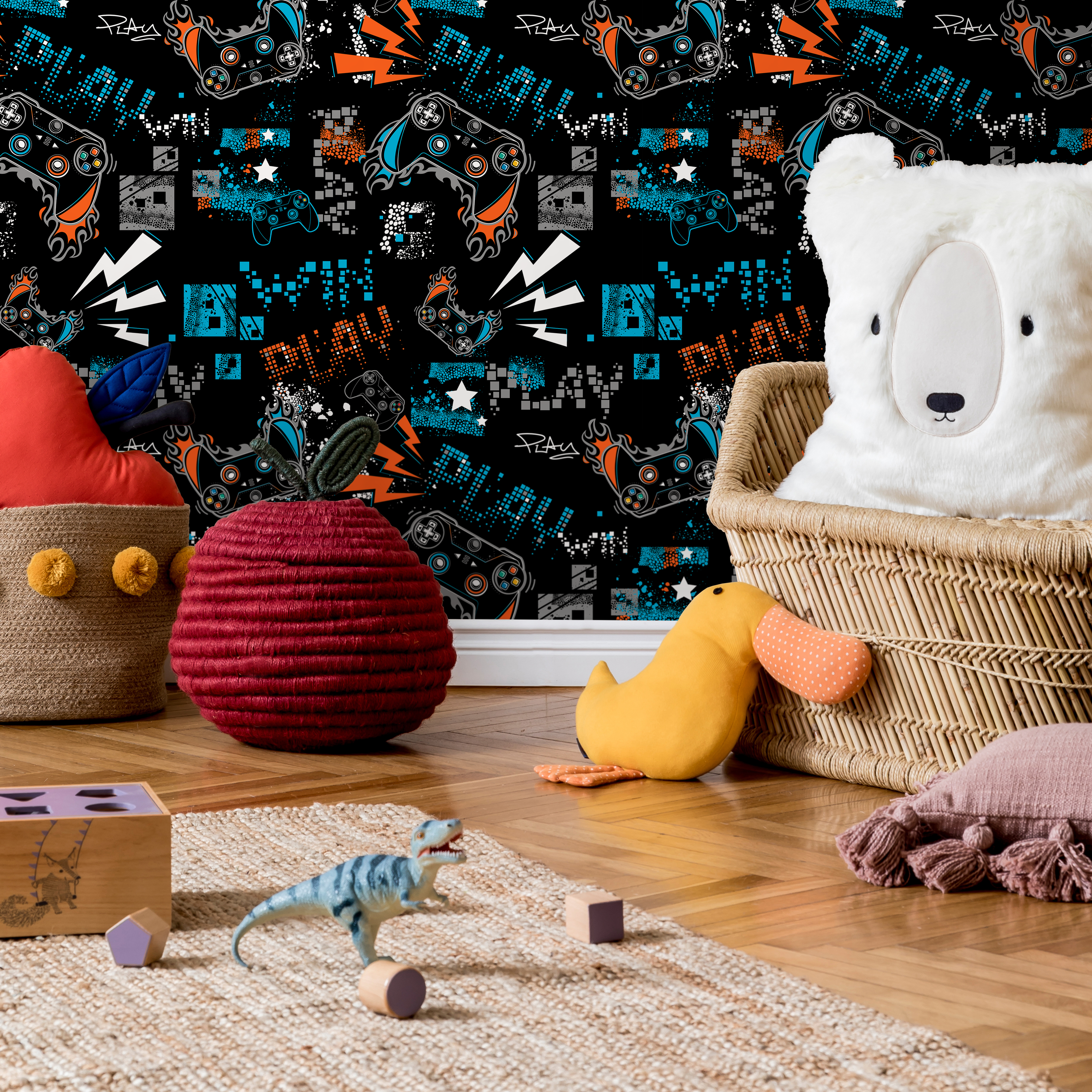 Video Game Wallpaper With A Graffiti Controller Motif In Blue And Orange - B515