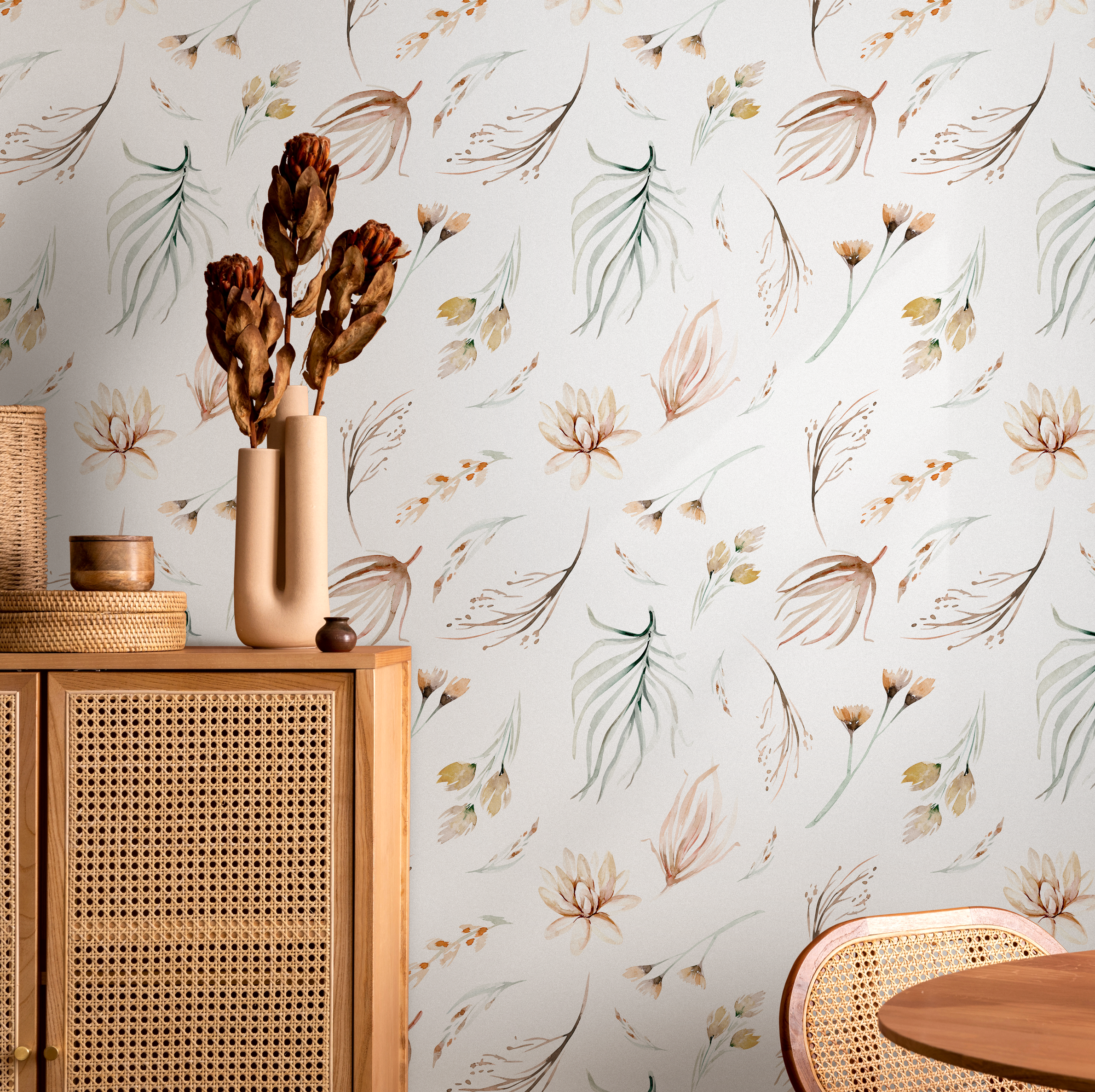 Botanical Wallpaper With A Delicate Watercolor Motif In Brown, Green, And Beige - B519
