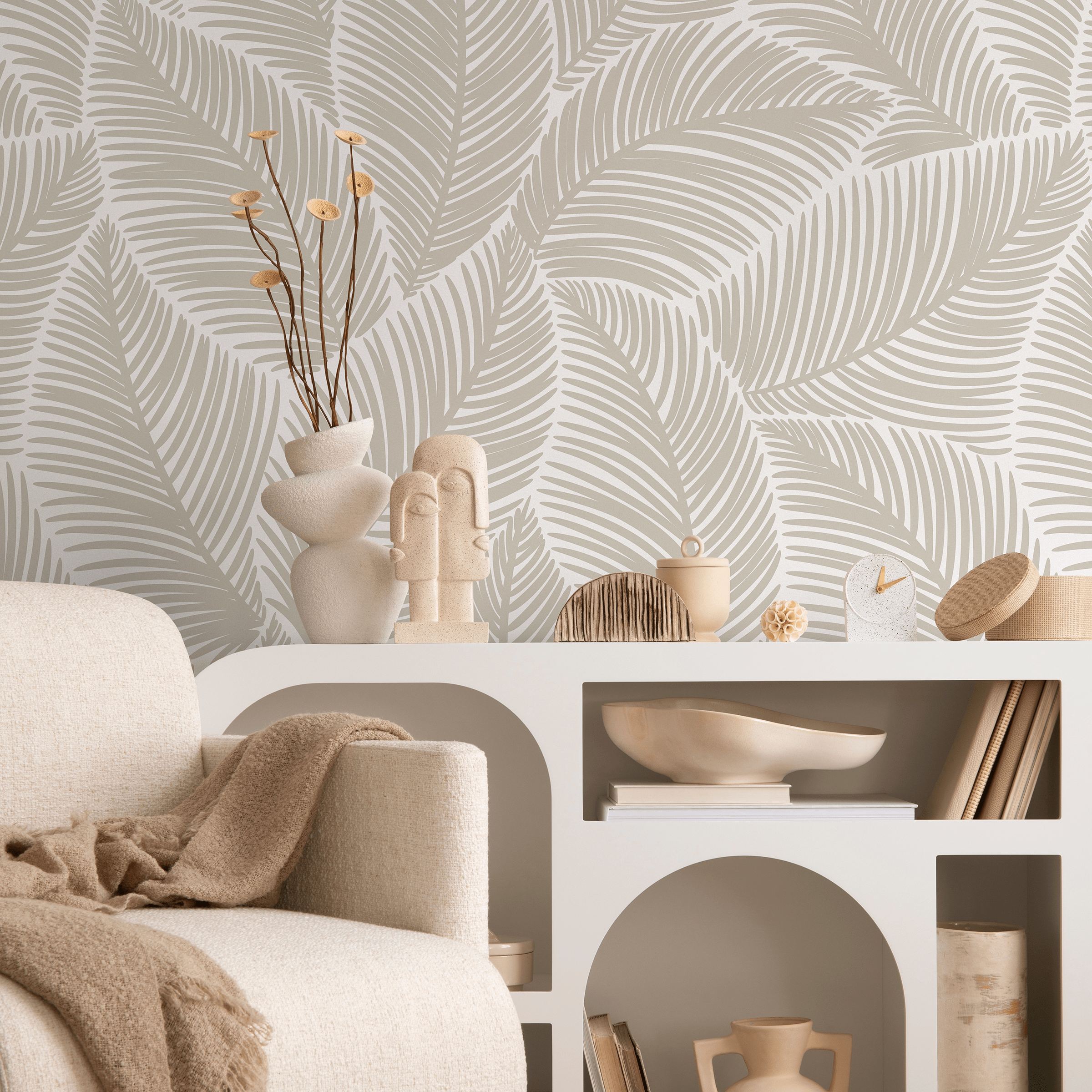 Botanical Wallpaper With A Minimalist Palm Leaf Motif In Taupe - B521