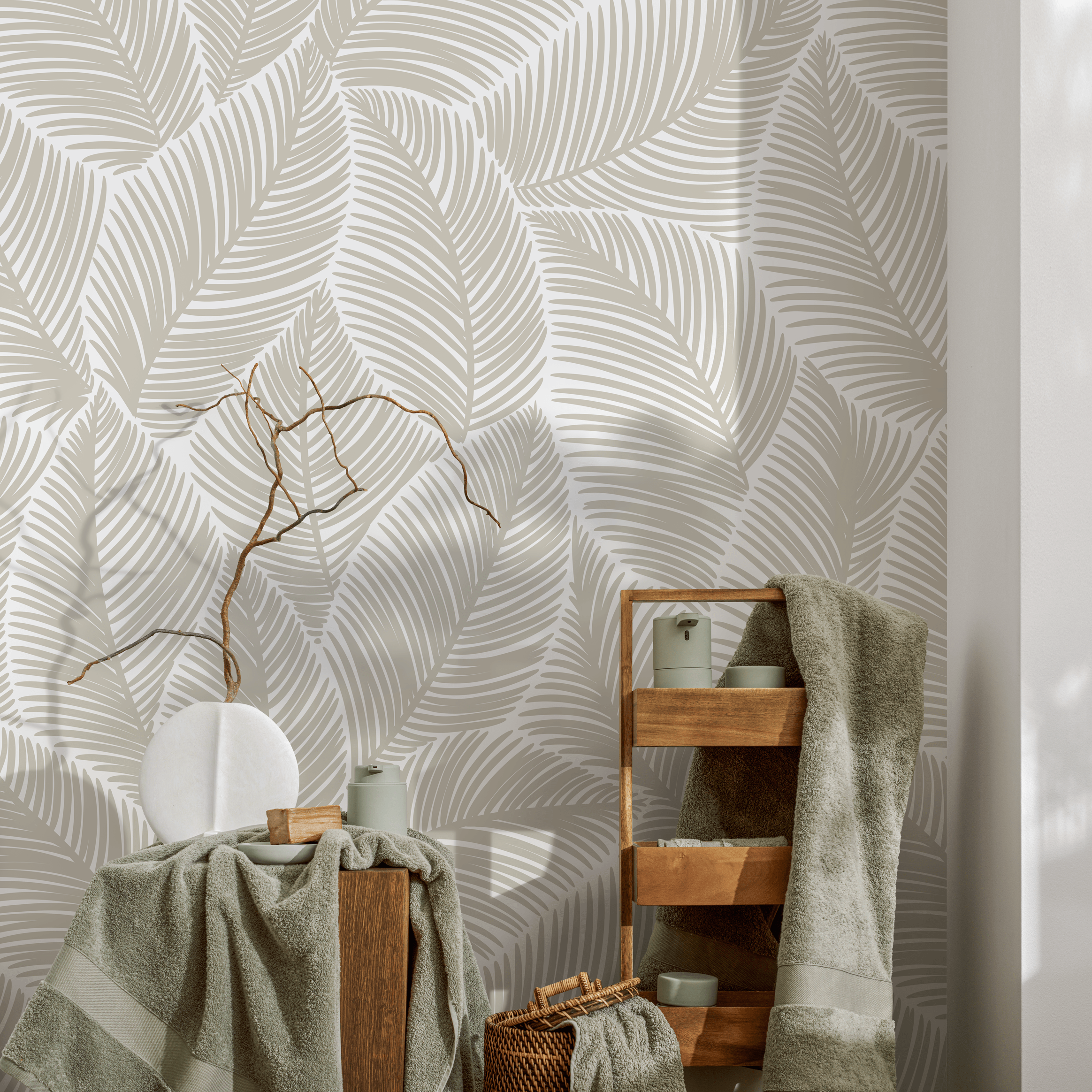 Botanical Wallpaper With A Minimalist Palm Leaf Motif In Taupe - B521