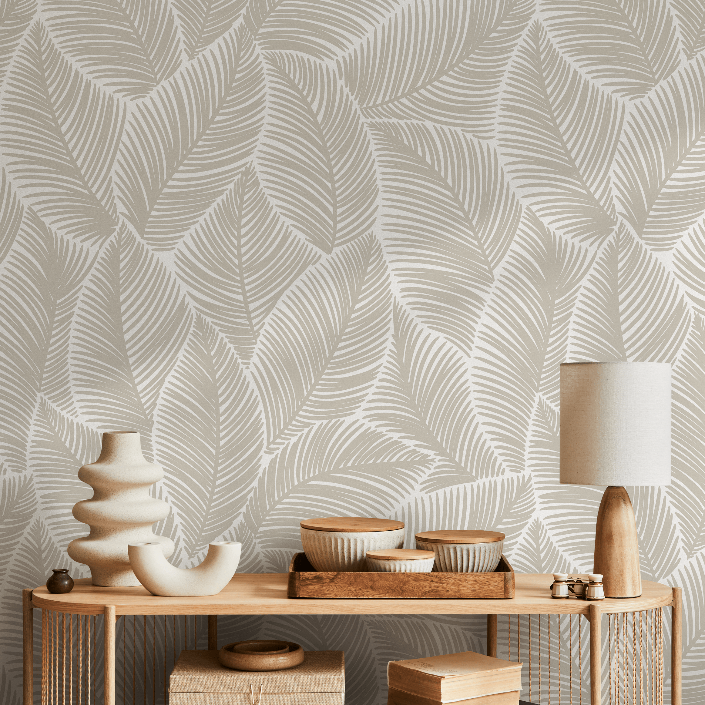 Botanical Wallpaper With A Minimalist Palm Leaf Motif In Taupe - B521