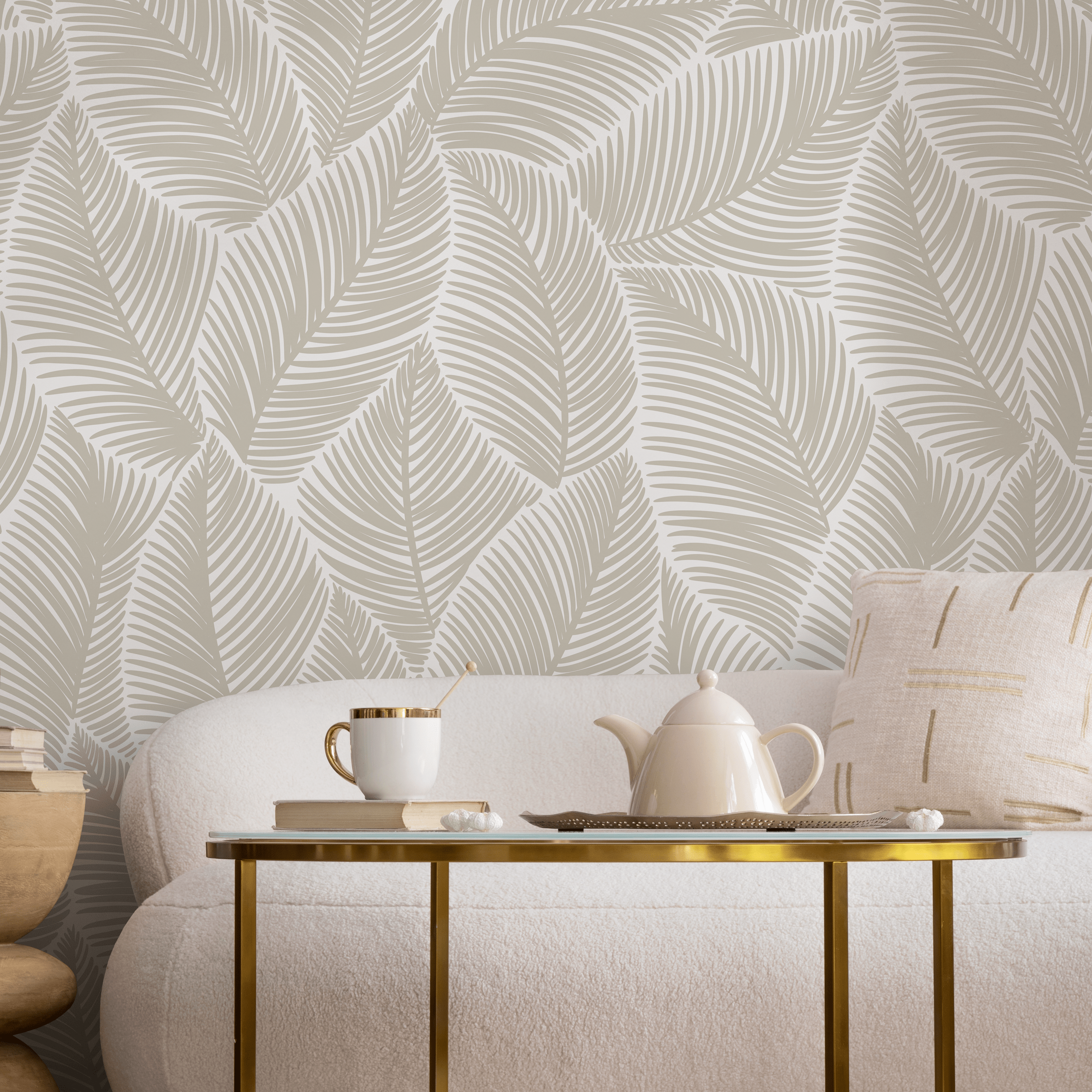 Botanical Wallpaper With A Minimalist Palm Leaf Motif In Taupe - B521