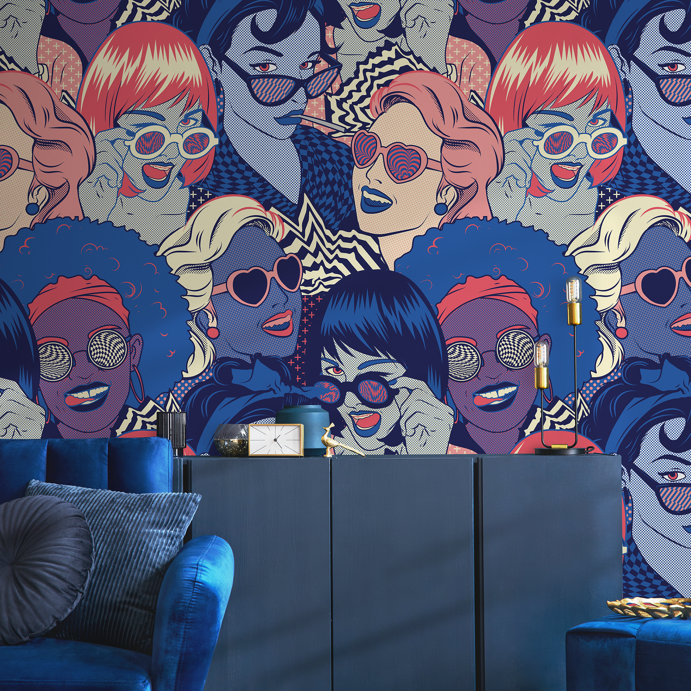 Pop Art Wallpaper Featuring Graphic Female Portraits In Blue, Pink, And Red - B523