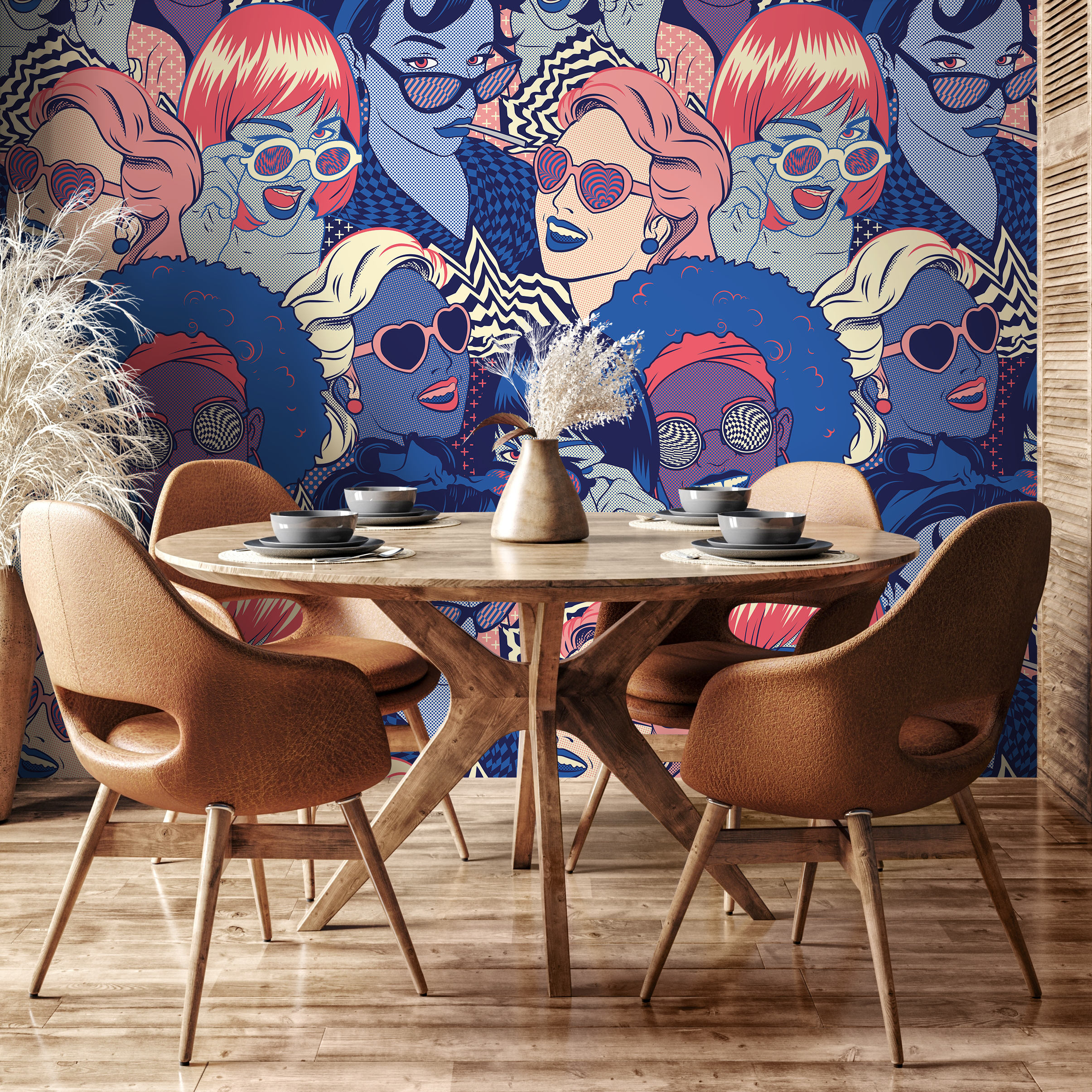 Pop Art Wallpaper Featuring Graphic Female Portraits In Blue, Pink, And Red - B523