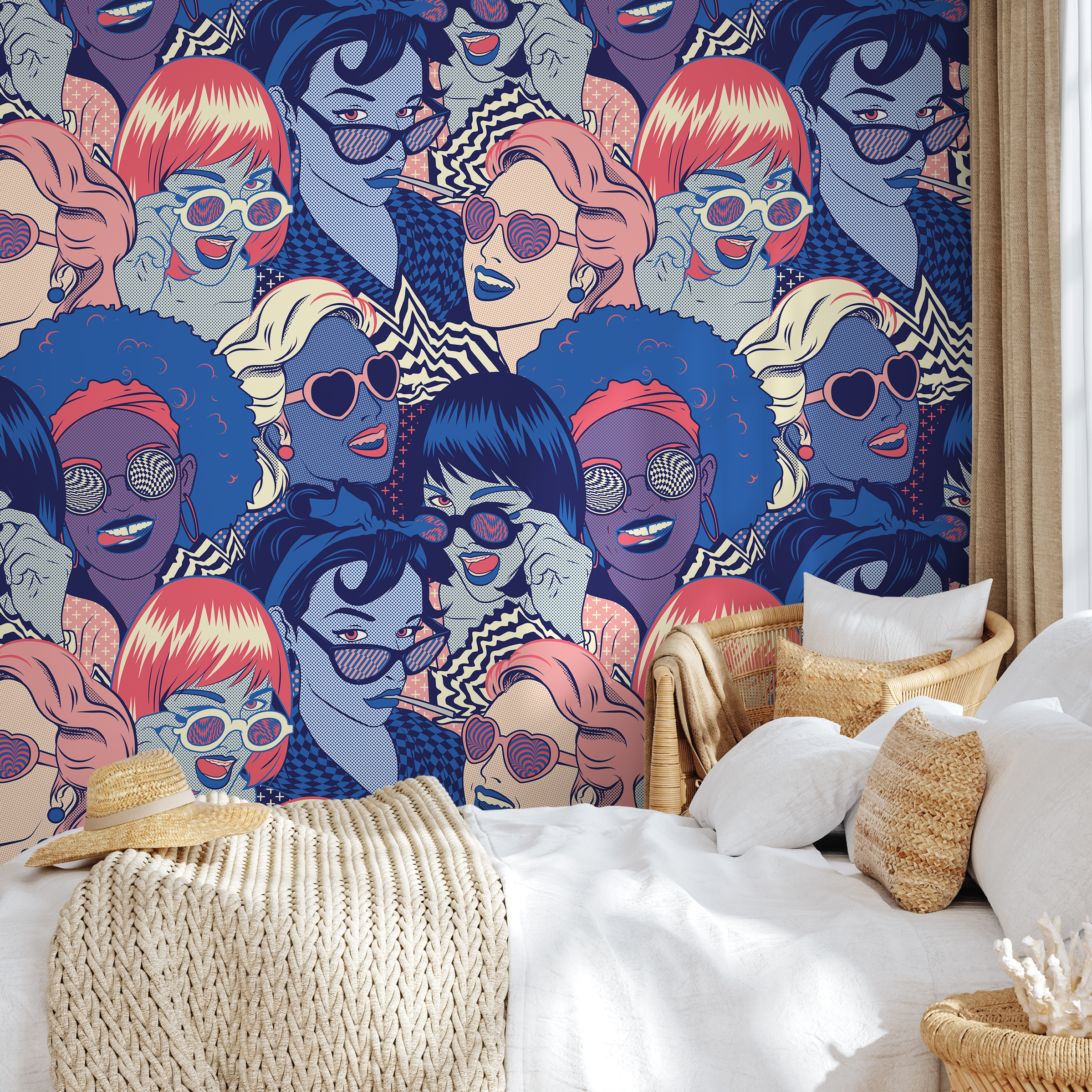 Pop Art Wallpaper Featuring Graphic Female Portraits In Blue, Pink, And Red - B523