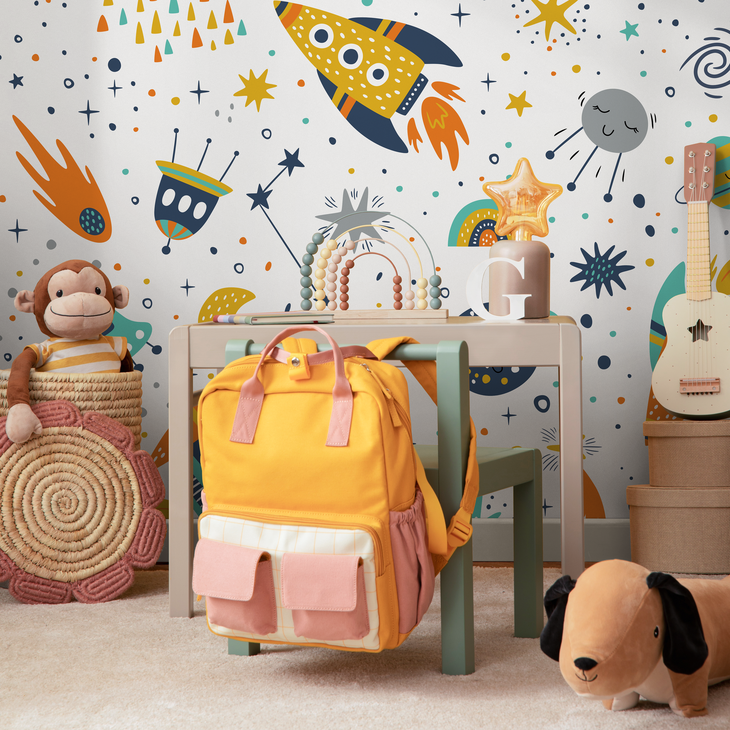 Kids Wallpaper With A Scandinavian Space Motif In Yellow, Orange, And Blue - B524