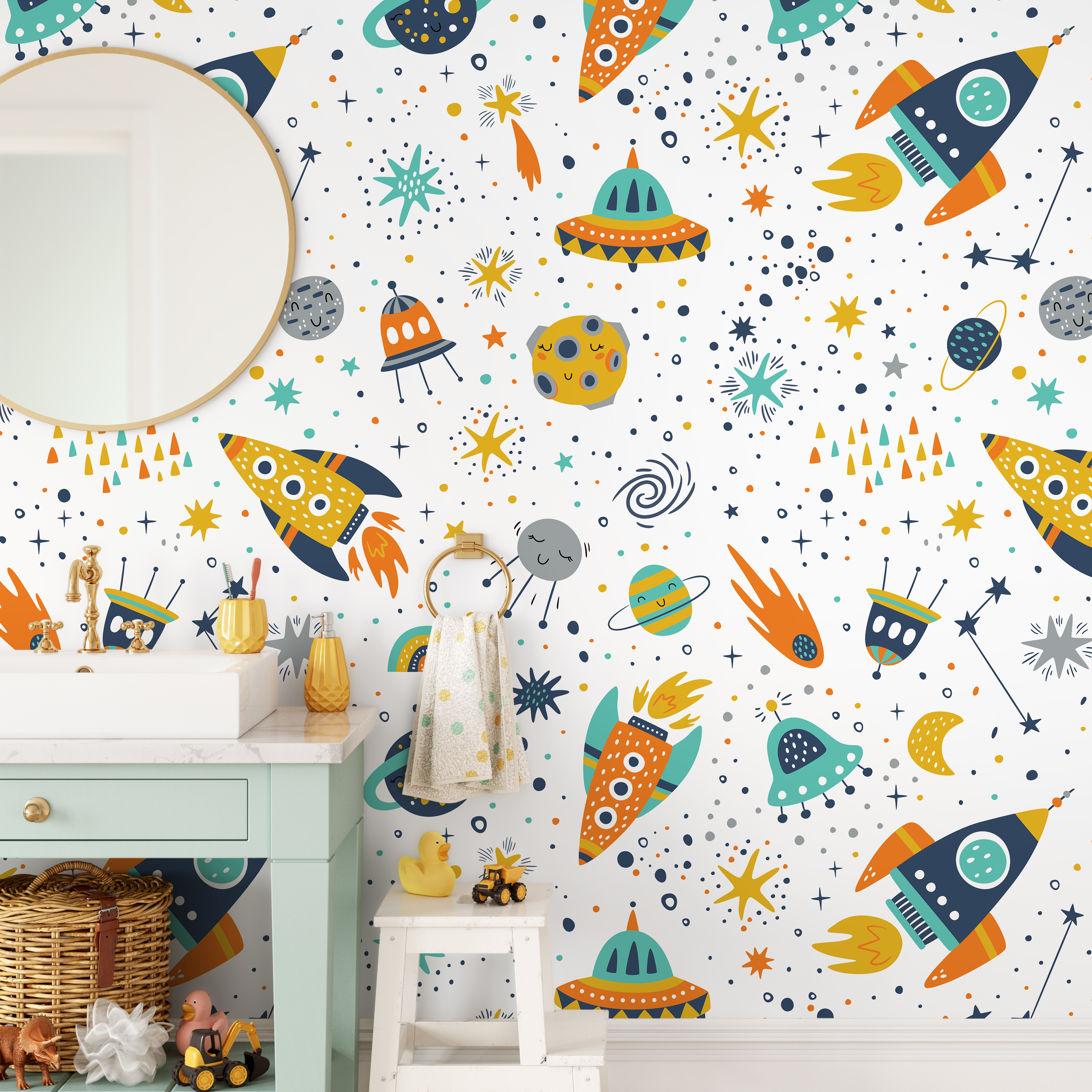 Kids Wallpaper With A Scandinavian Space Motif In Yellow, Orange, And Blue - B524