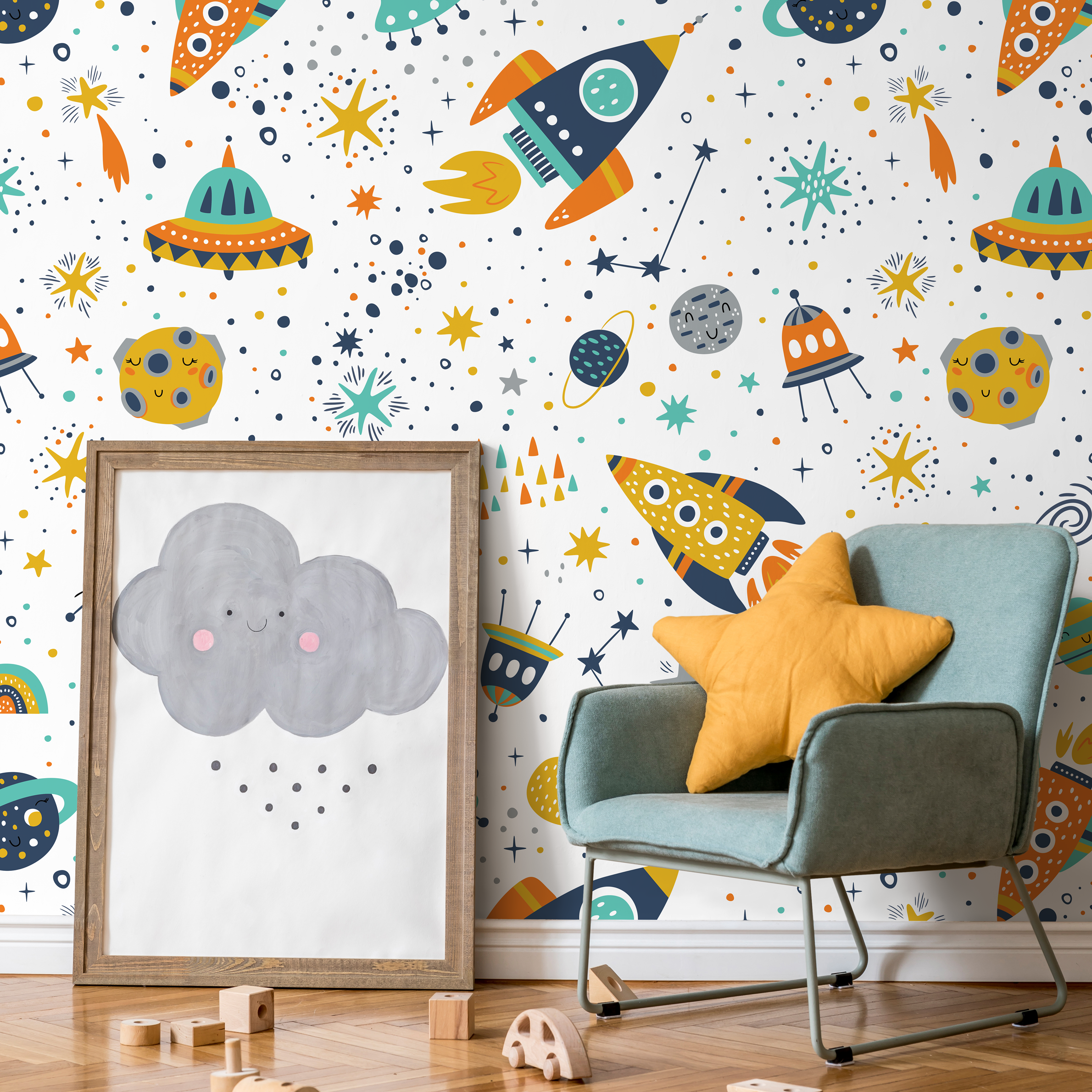 Kids Wallpaper With A Scandinavian Space Motif In Yellow, Orange, And Blue - B524