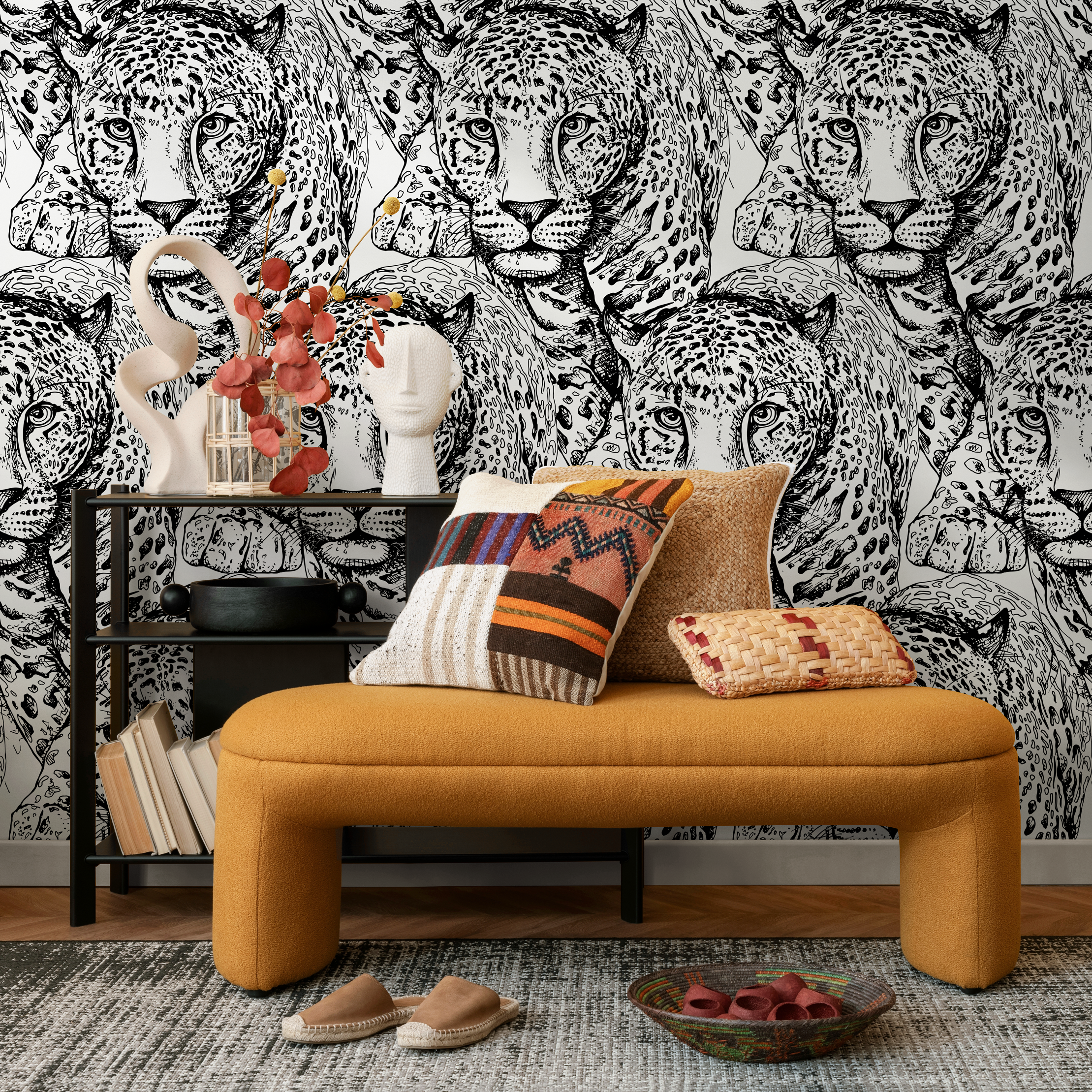 Animal Wallpaper Featuring Illustrated Jaguars In Black And White - B525