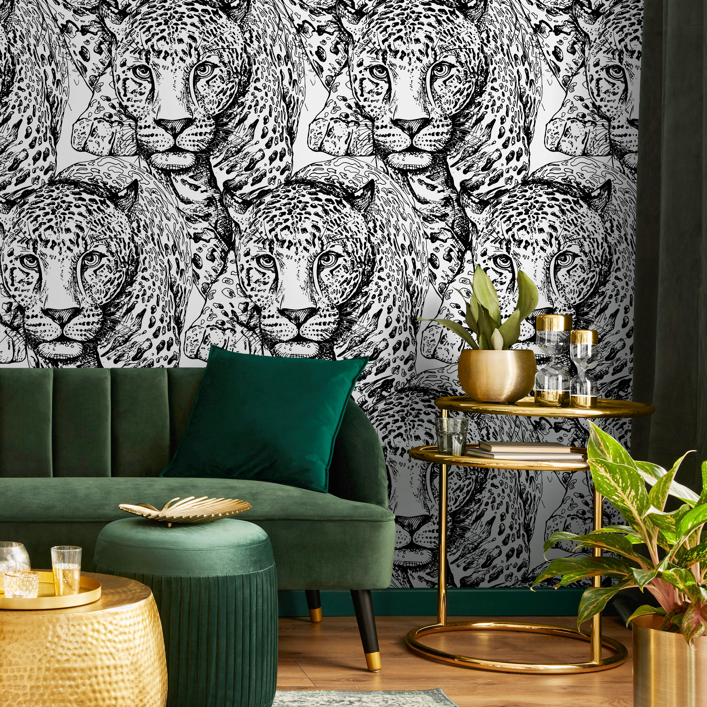 Animal Wallpaper Featuring Illustrated Jaguars In Black And White - B525