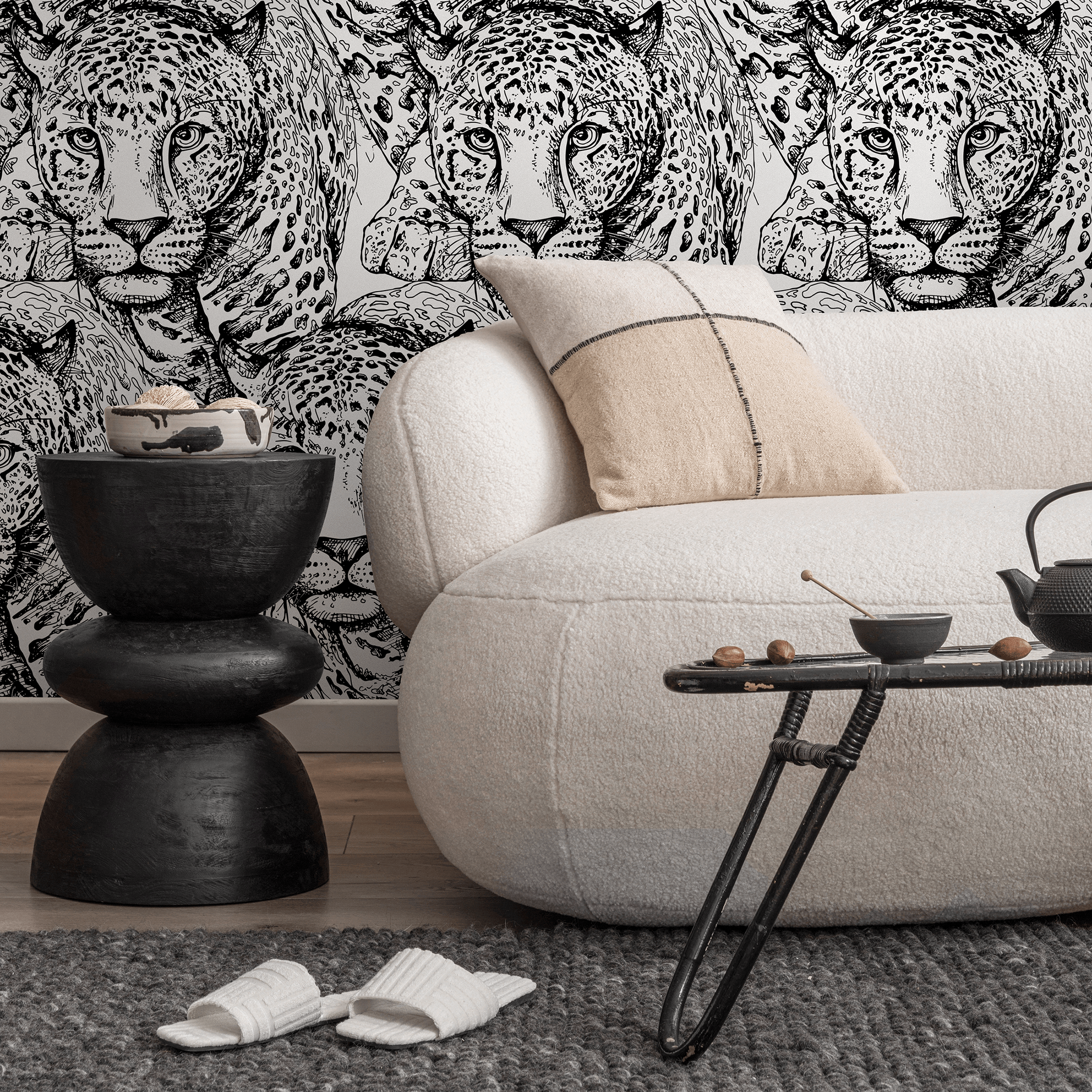 Animal Wallpaper Featuring Illustrated Jaguars In Black And White - B525