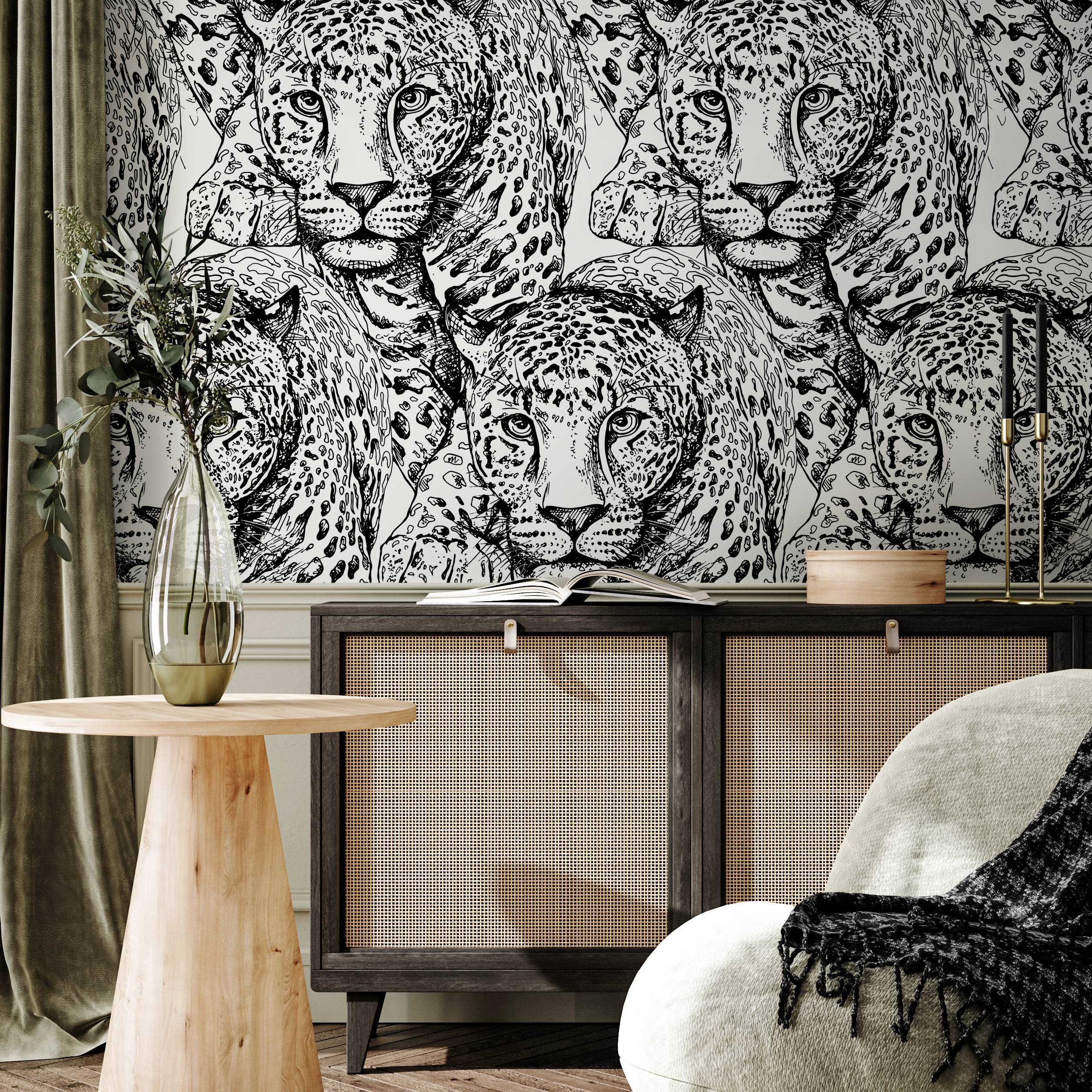 Animal Wallpaper Featuring Illustrated Jaguars In Black And White - B525