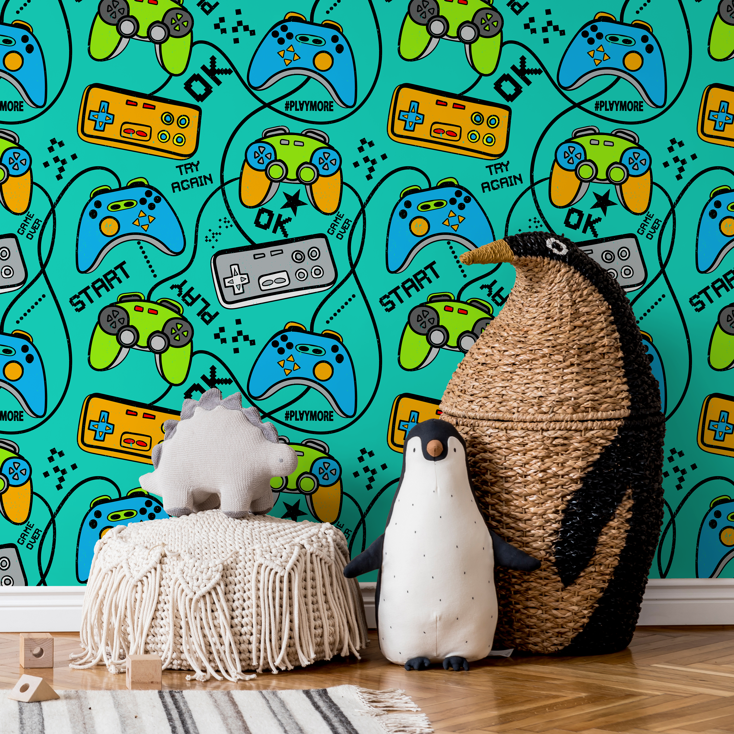 Gamer Wallpaper With Retro Game Controllers In Teal, Green, And Blue - B526