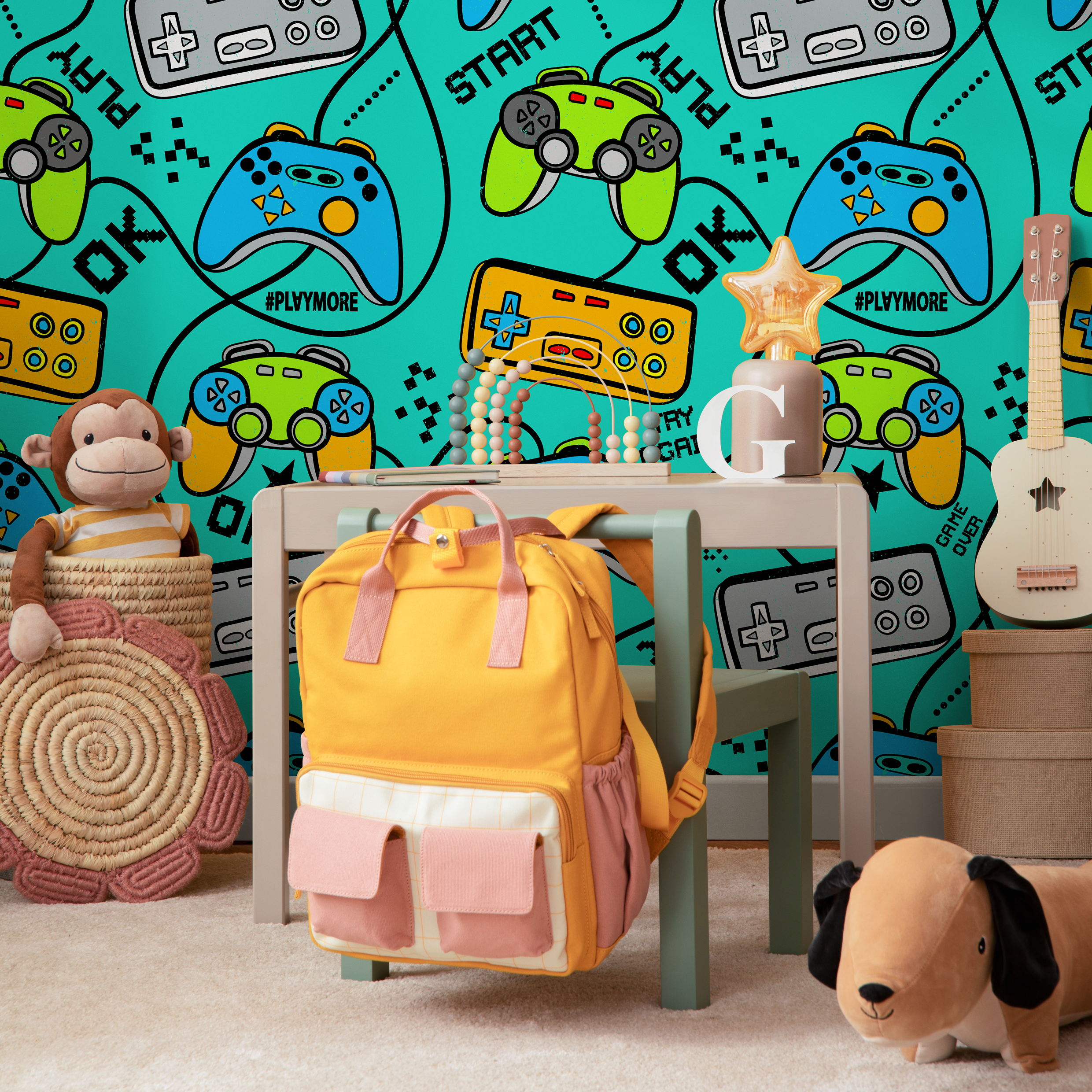 Gamer Wallpaper With Retro Game Controllers In Teal, Green, And Blue - B526