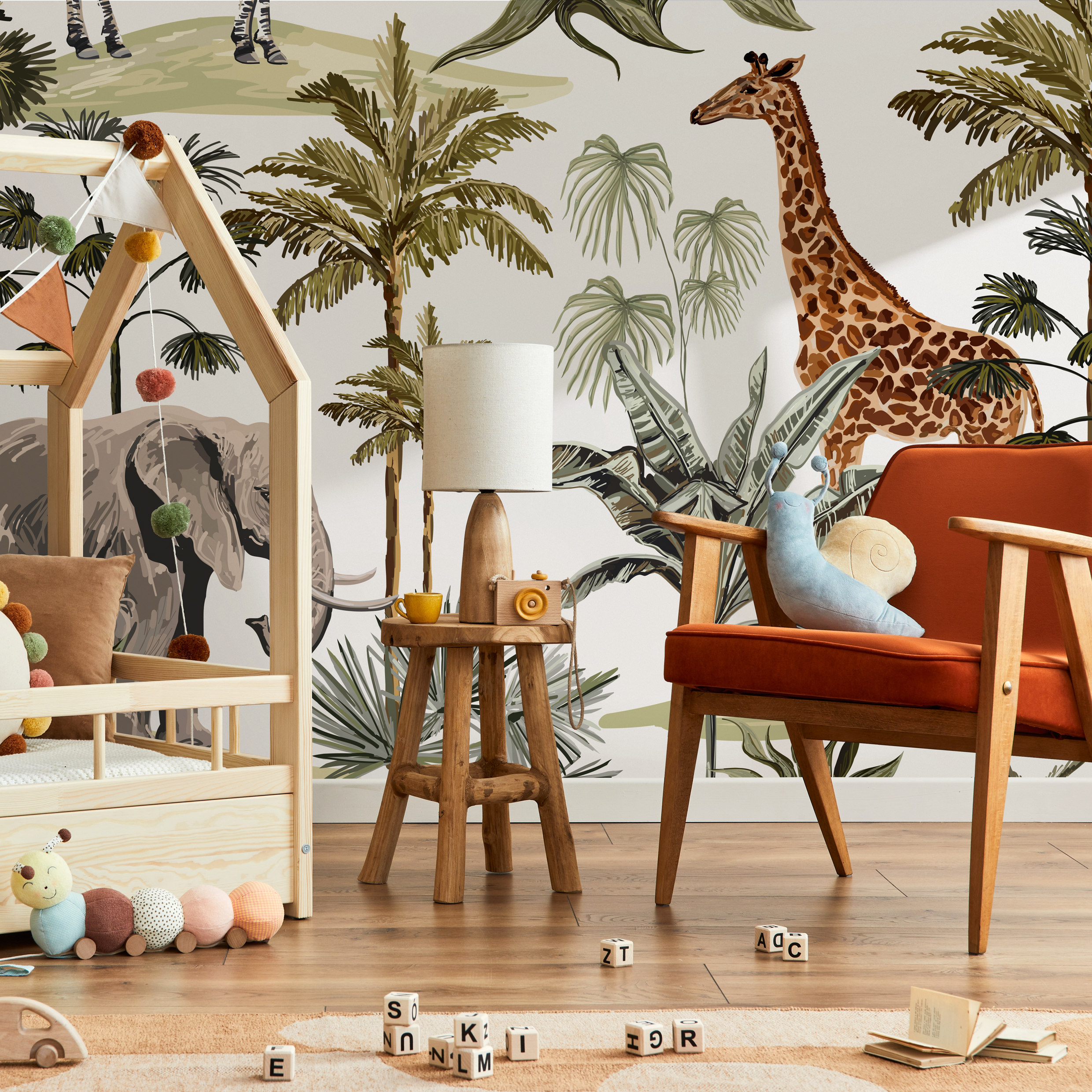 Safari Wallpaper With Illustrated Jungle Animals In Green, Grey, And Black - B527