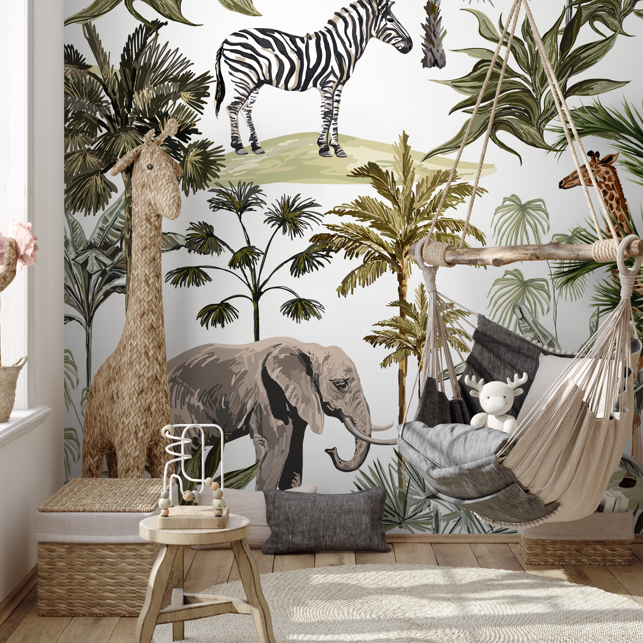 Safari Wallpaper With Illustrated Jungle Animals In Green, Grey, And Black - B527