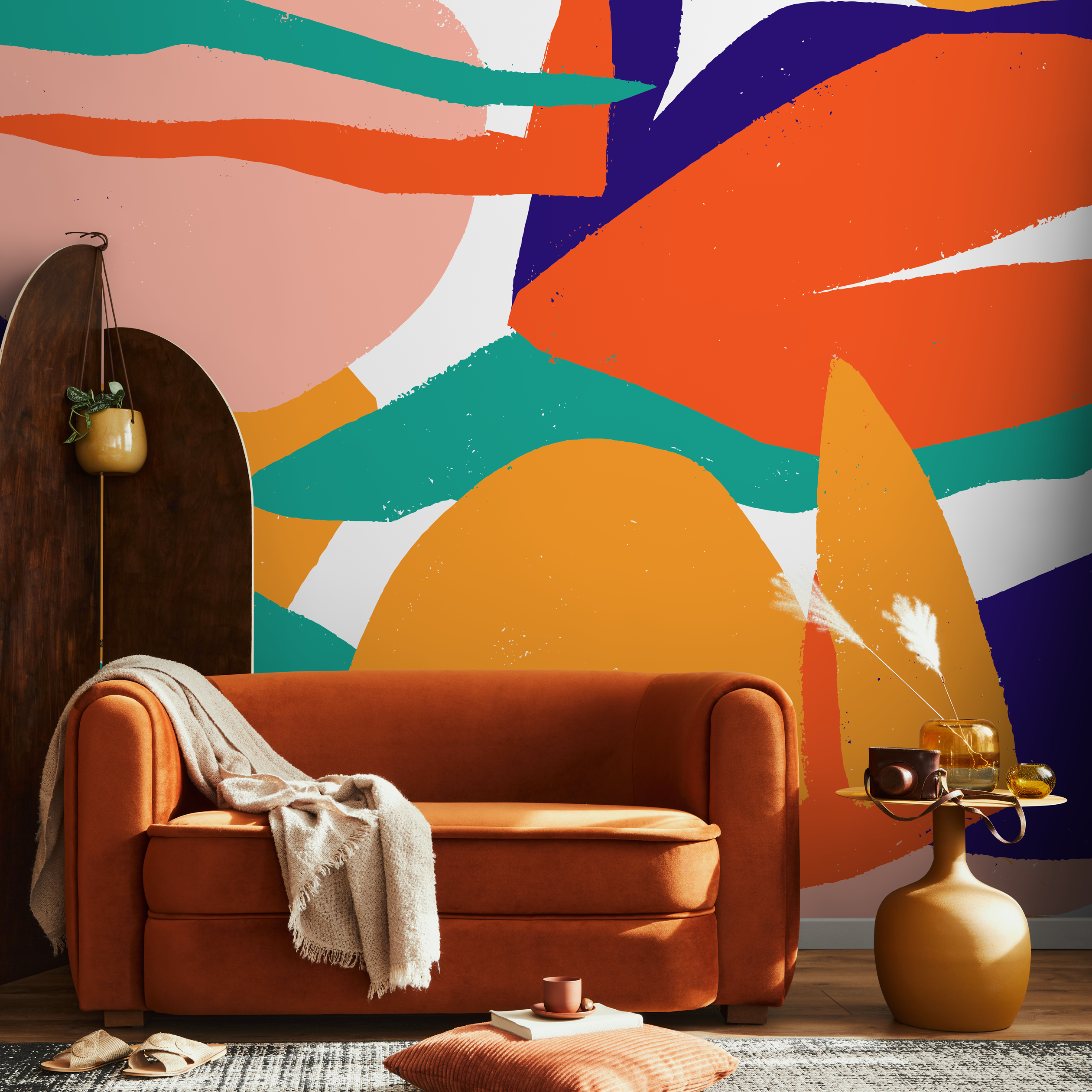Abstract Wallpaper With A Bold Collage Motif In Orange, Blue, And Teal - B528