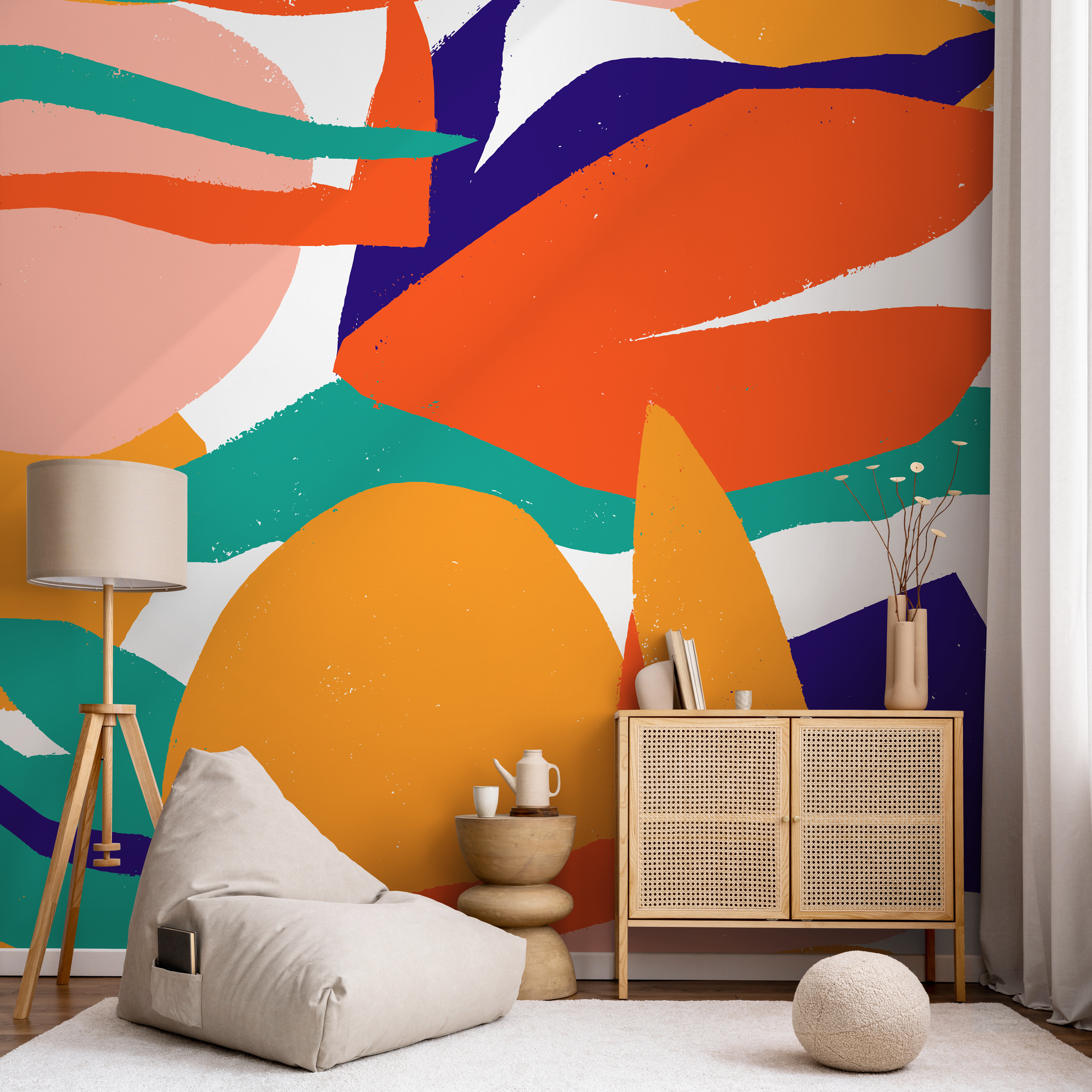 Abstract Wallpaper With A Bold Collage Motif In Orange, Blue, And Teal - B528