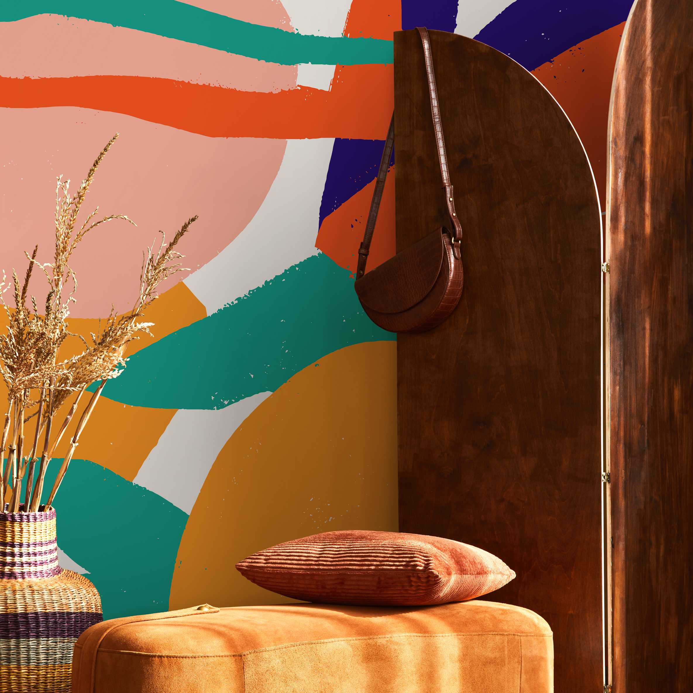 Abstract Wallpaper With A Bold Collage Motif In Orange, Blue, And Teal - B528