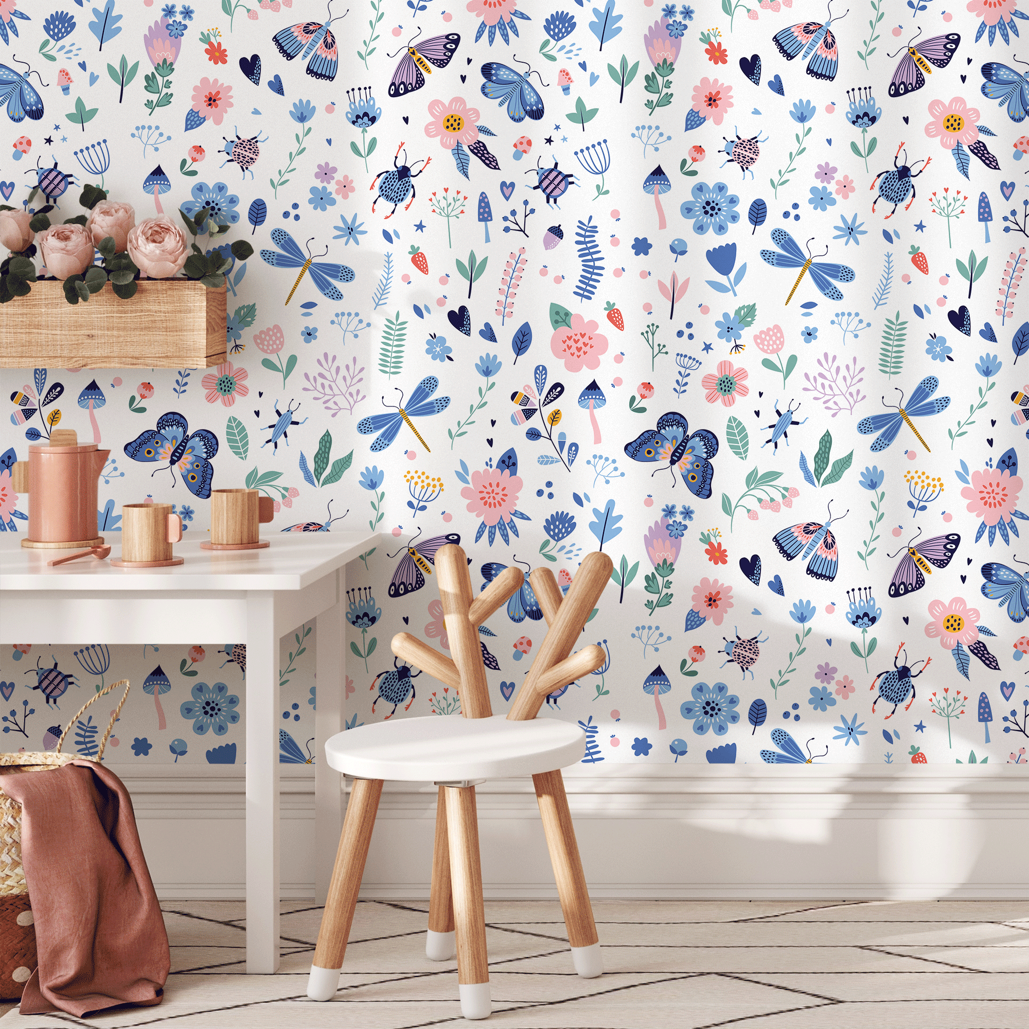 Botanical Wallpaper With Whimsical Butterflies And Wildflowers In Blue And Pink - B530