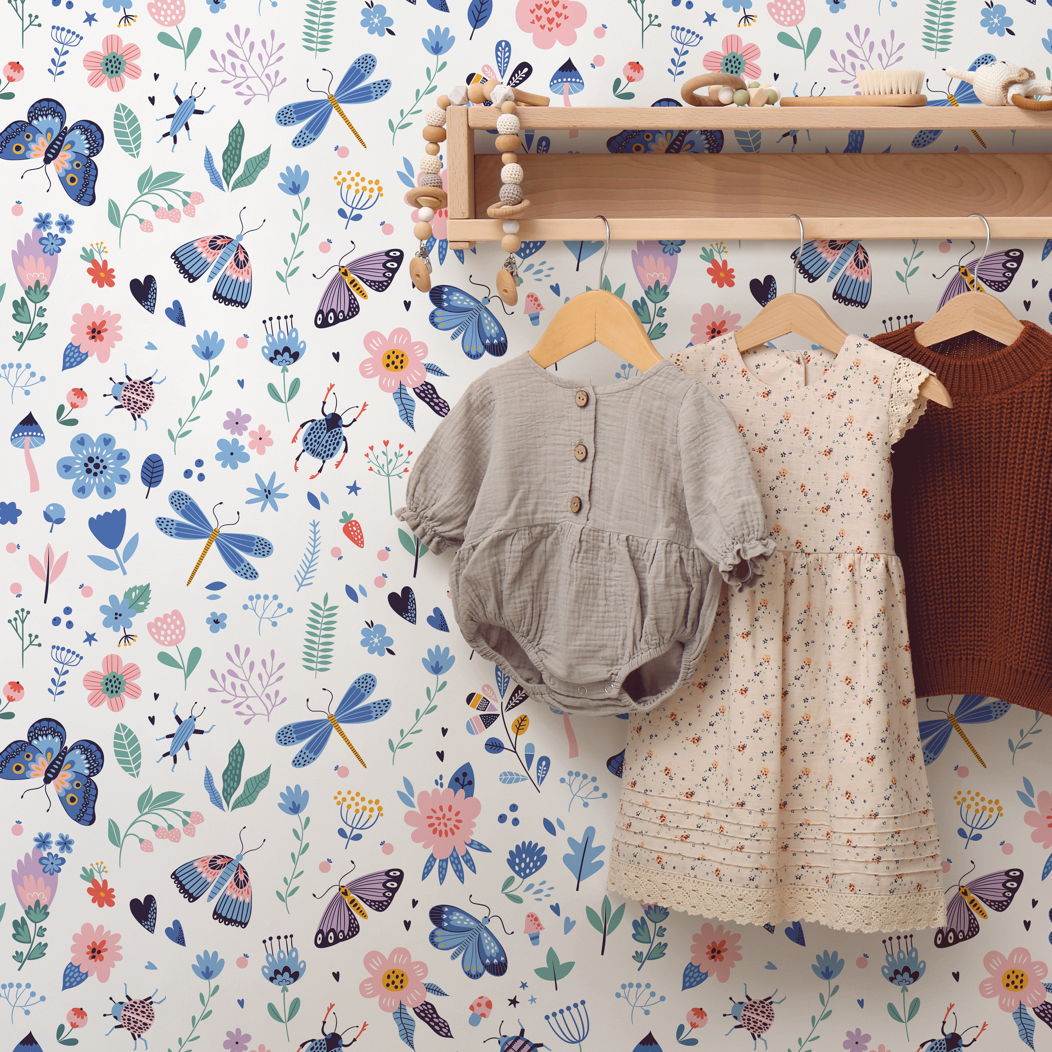 Botanical Wallpaper With Whimsical Butterflies And Wildflowers In Blue And Pink - B530