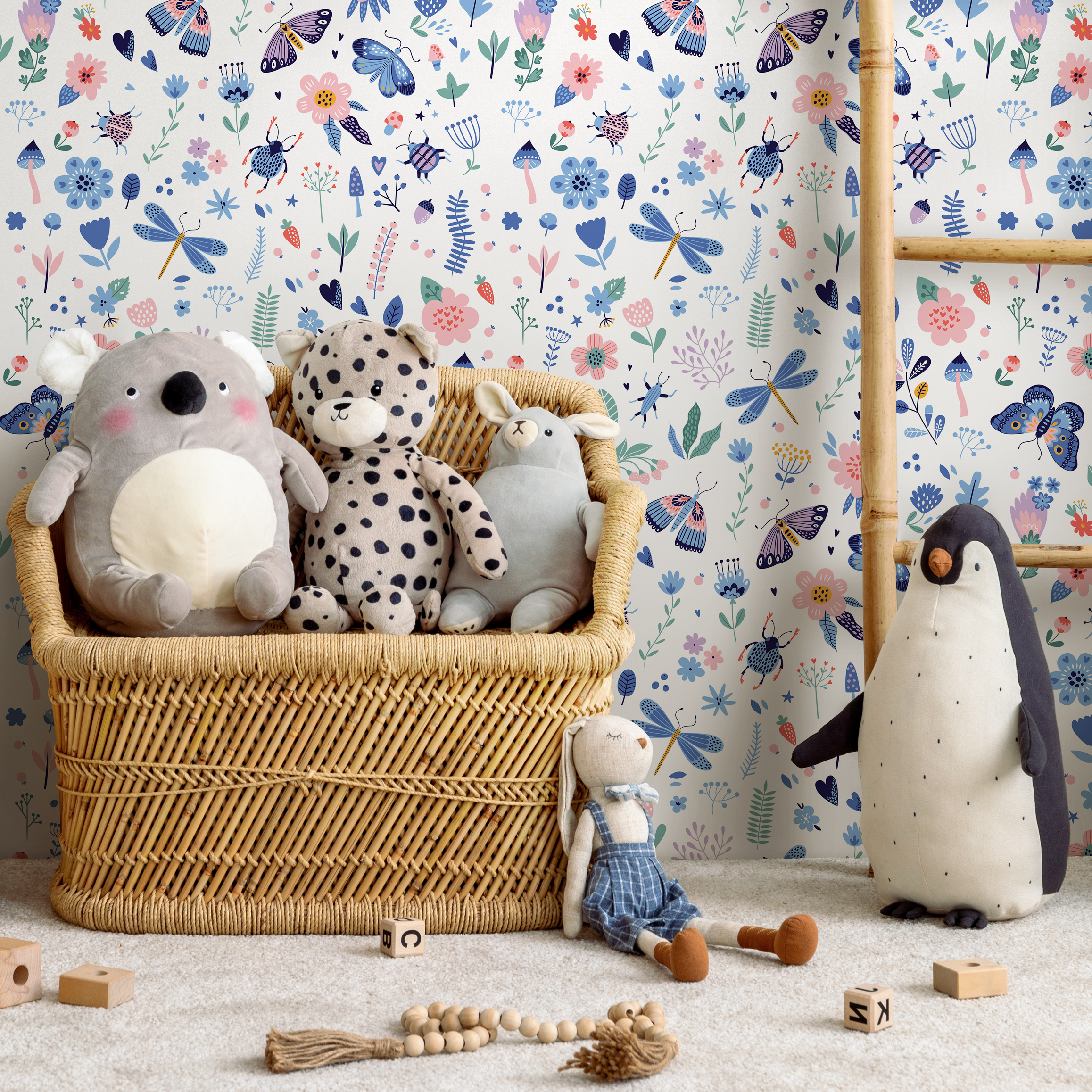 Botanical Wallpaper With Whimsical Butterflies And Wildflowers In Blue And Pink - B530