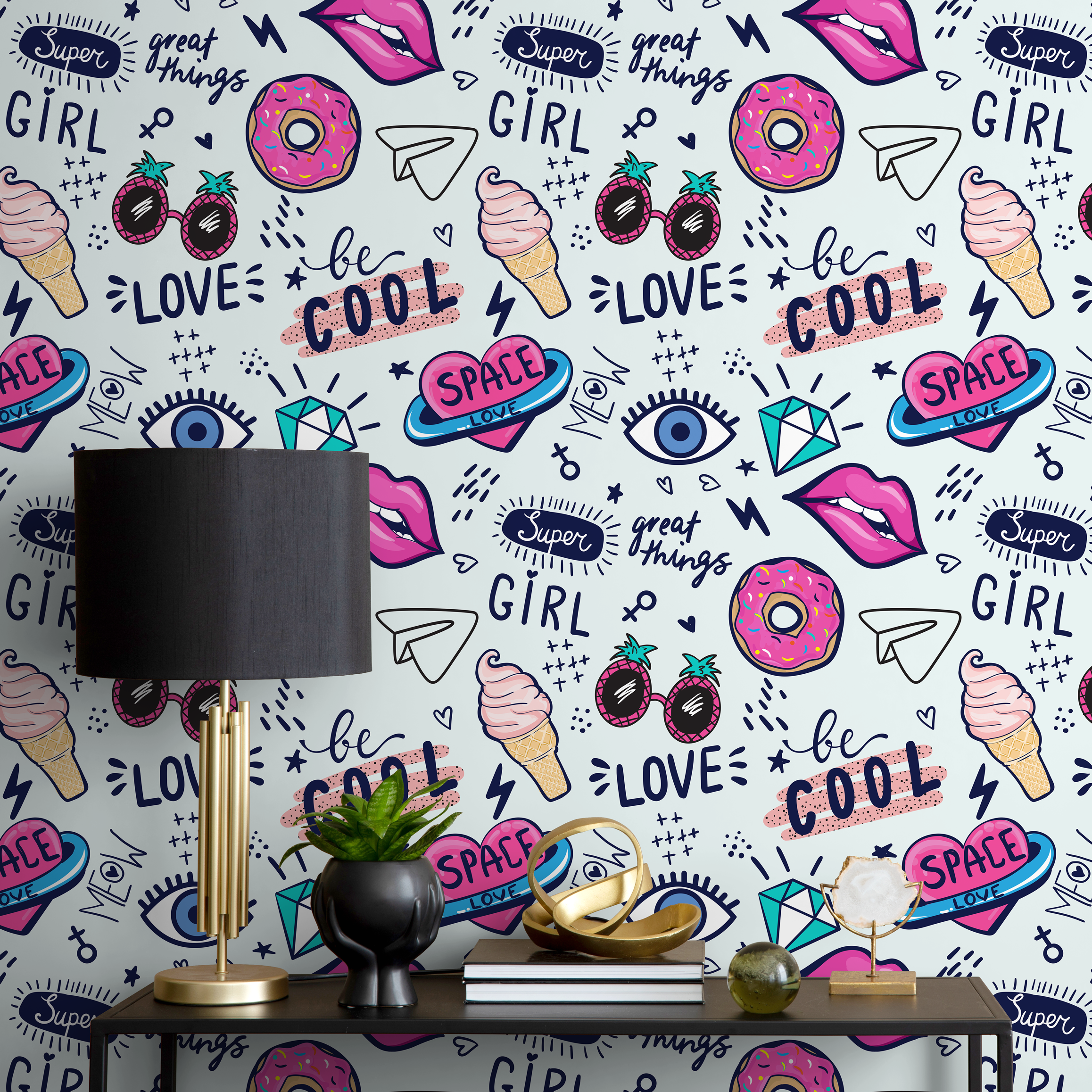 Pop Art Wallpaper Featuring Energetic Doodles In Pink And Blue - B531