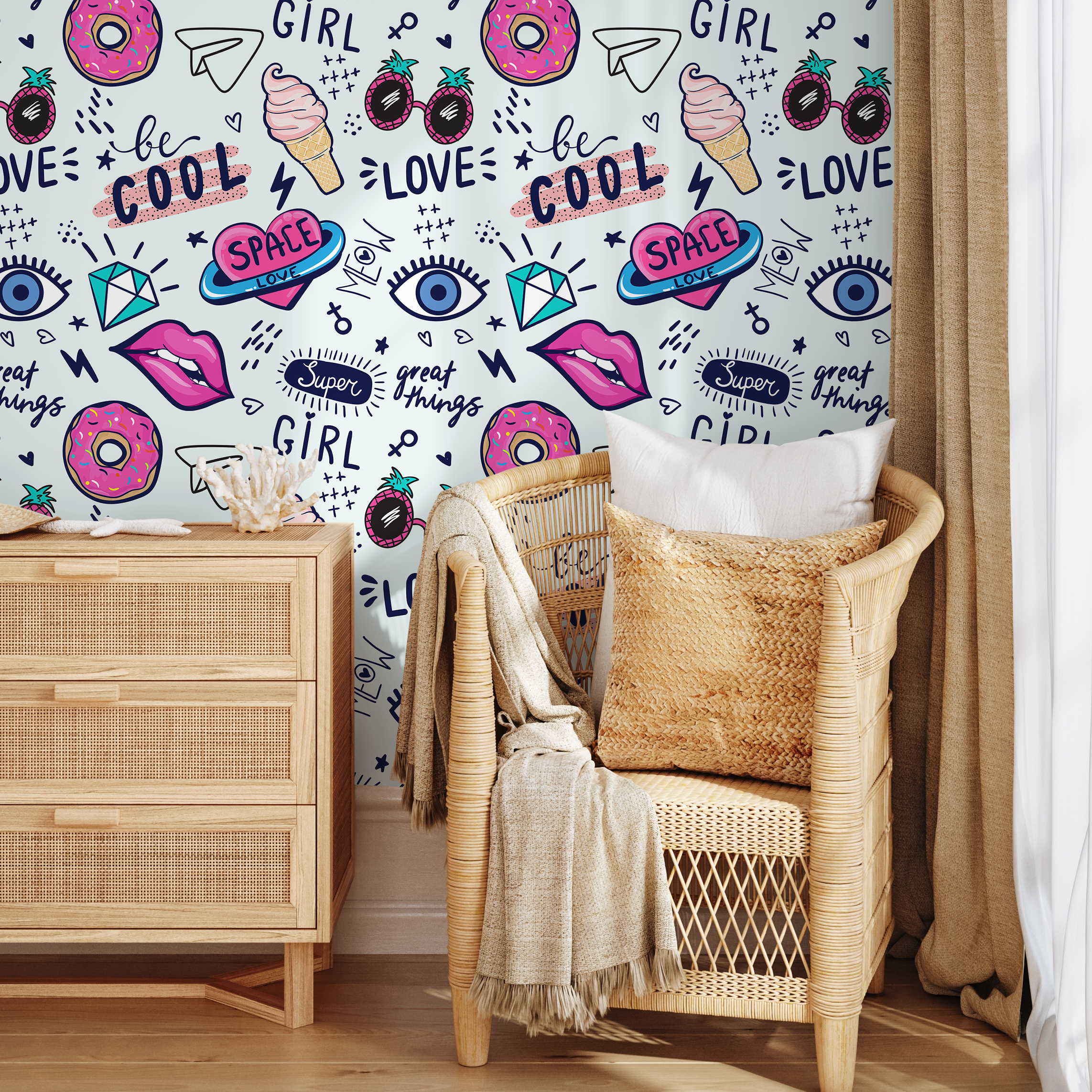 Pop Art Wallpaper Featuring Energetic Doodles In Pink And Blue - B531