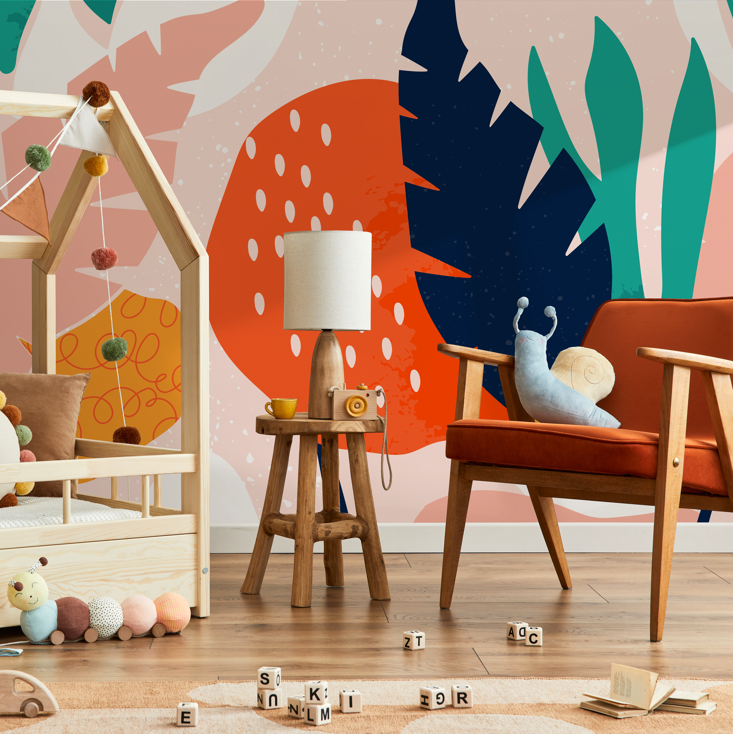 Abstract Wallpaper With Bold Botanical Shapes In Pink, Teal, And Orange - B533