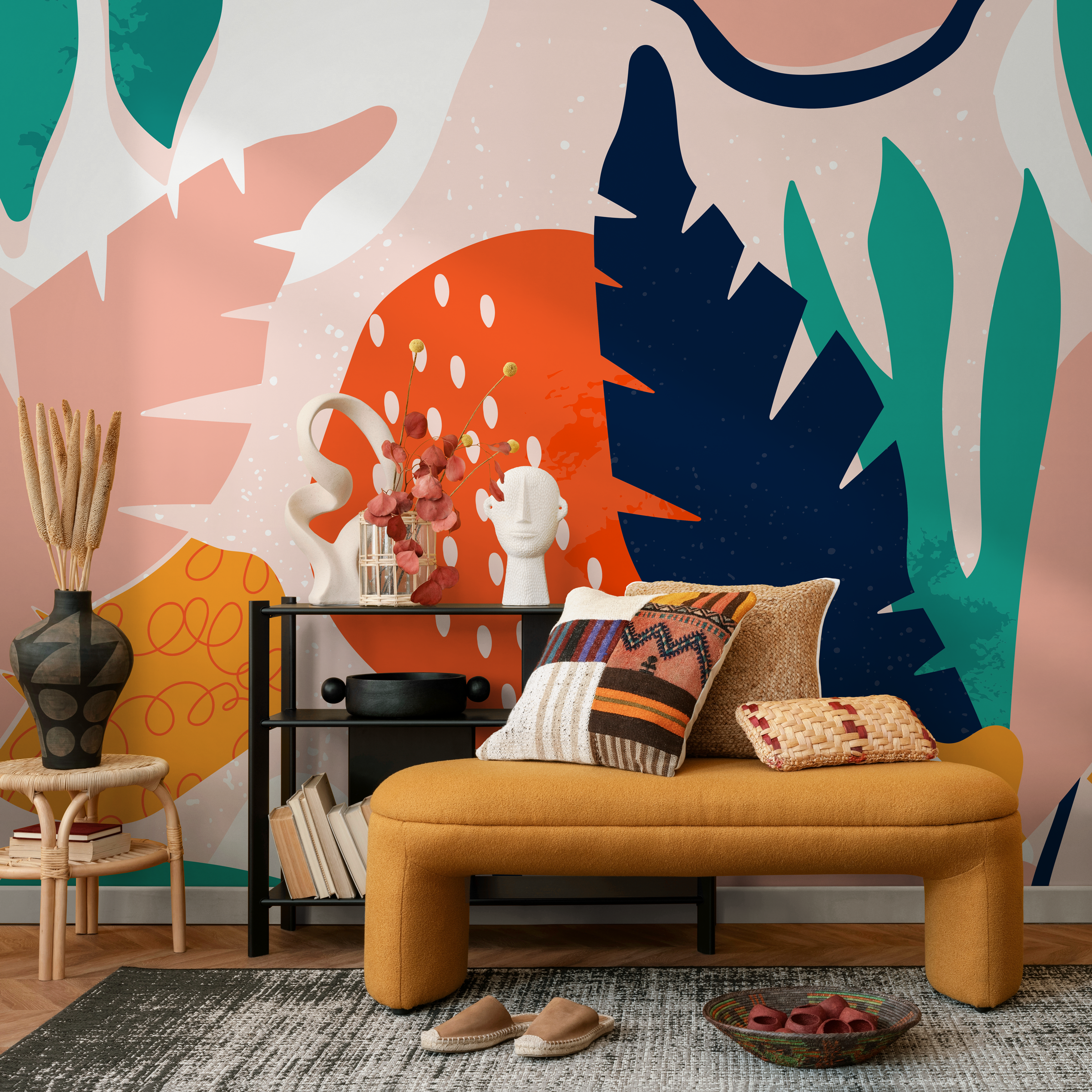 Abstract Wallpaper With Bold Botanical Shapes In Pink, Teal, And Orange - B533