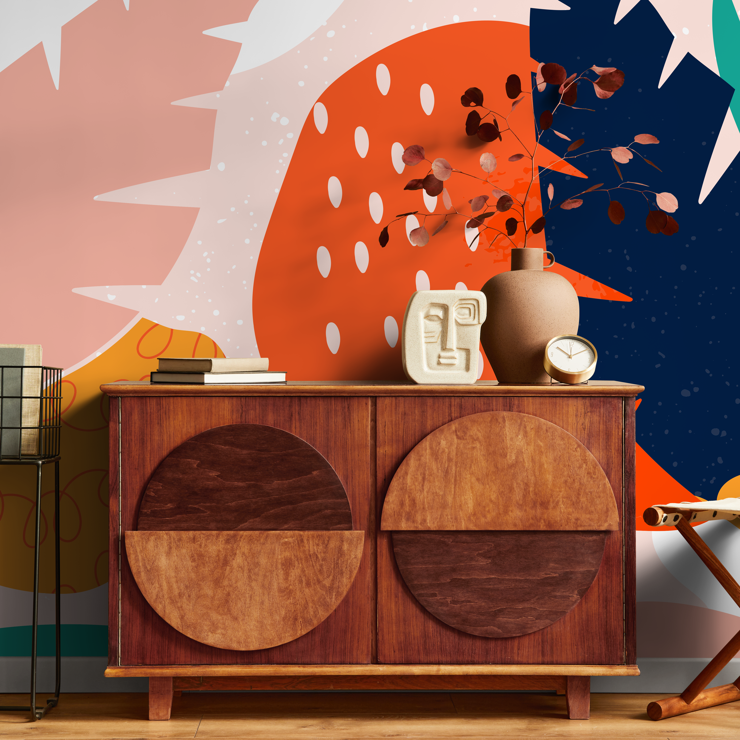 Abstract Wallpaper With Bold Botanical Shapes In Pink, Teal, And Orange - B533