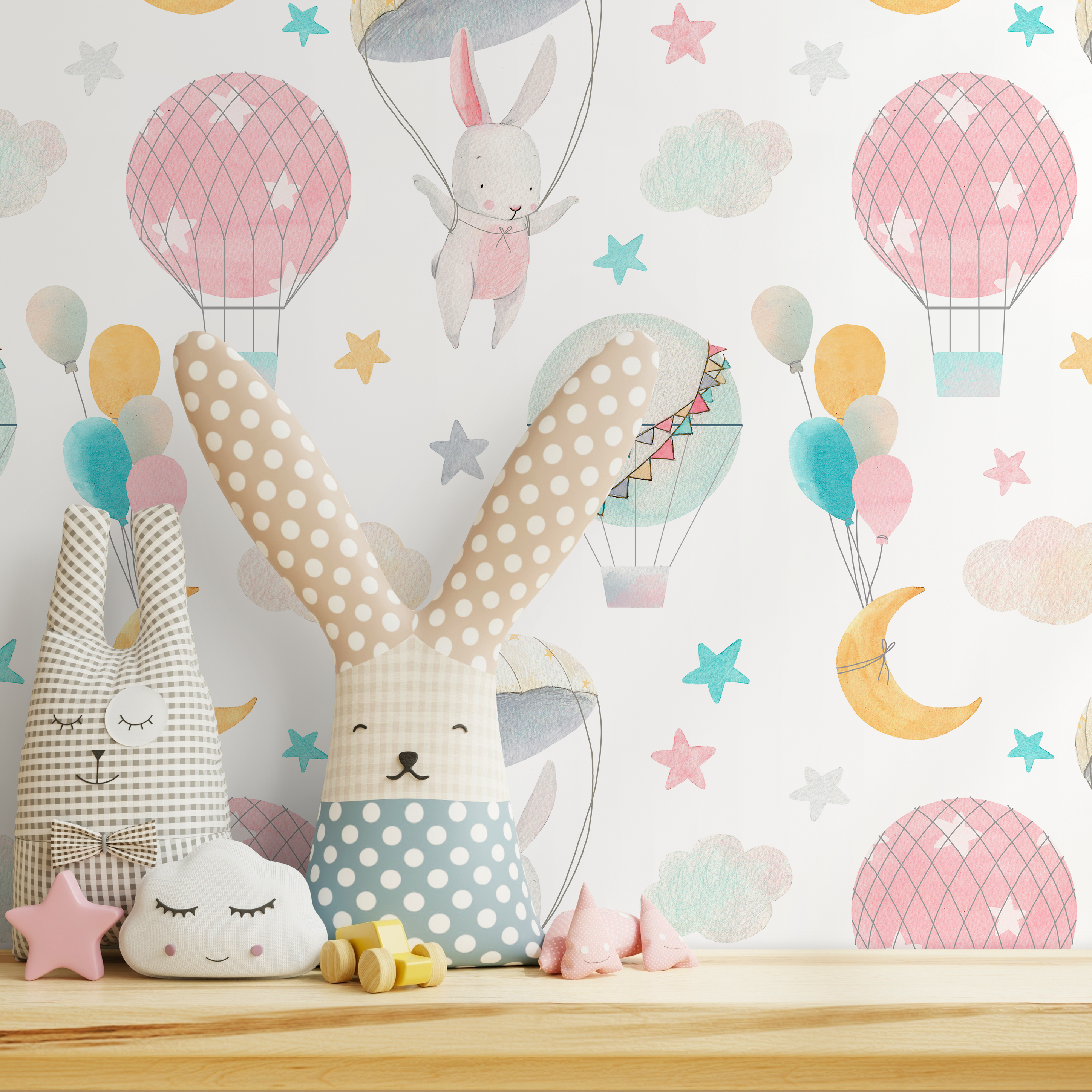 Nursery Wallpaper With Watercolor Bunnies And Balloons In Pink, Blue, And Yellow - B536