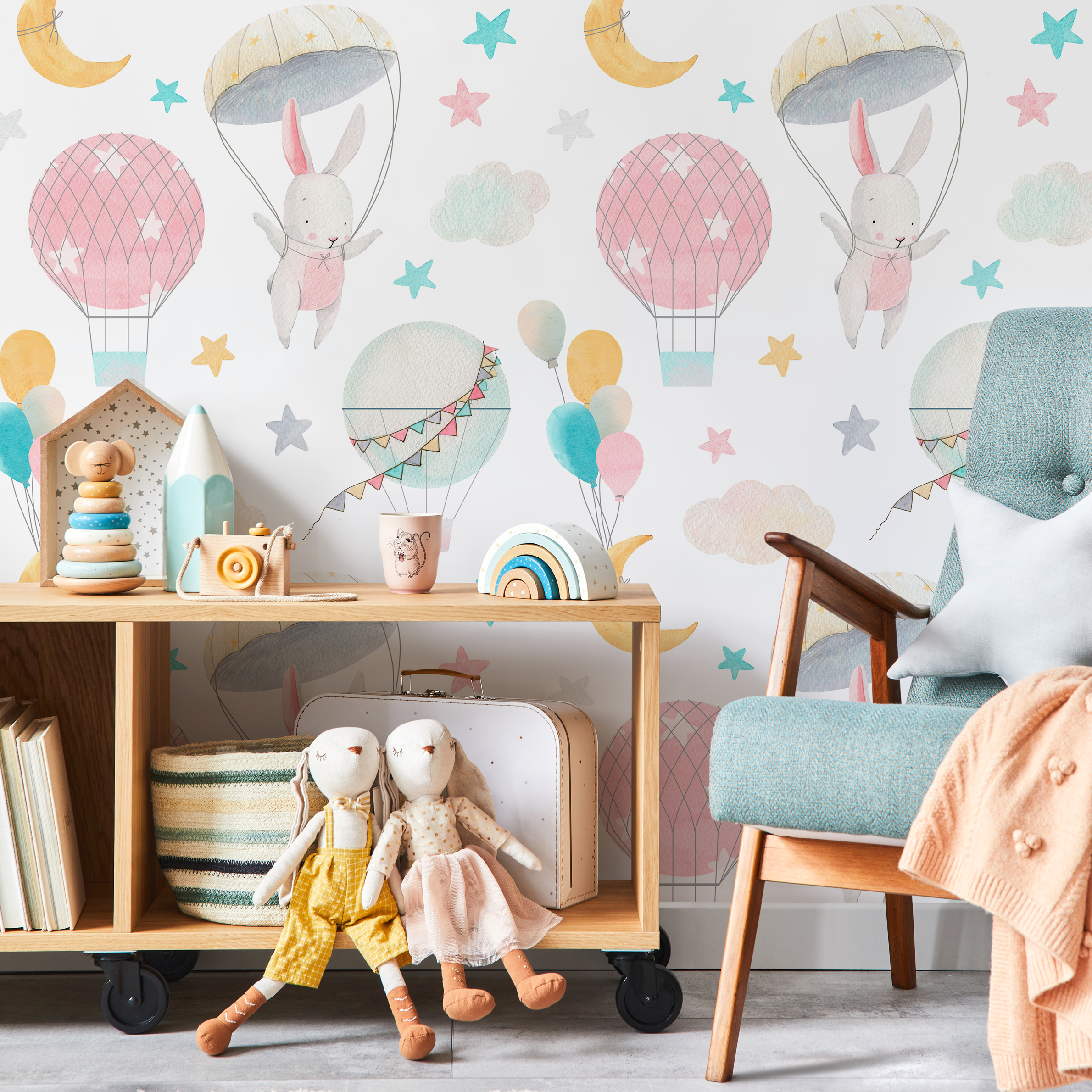 Nursery Wallpaper With Watercolor Bunnies And Balloons In Pink, Blue, And Yellow - B536