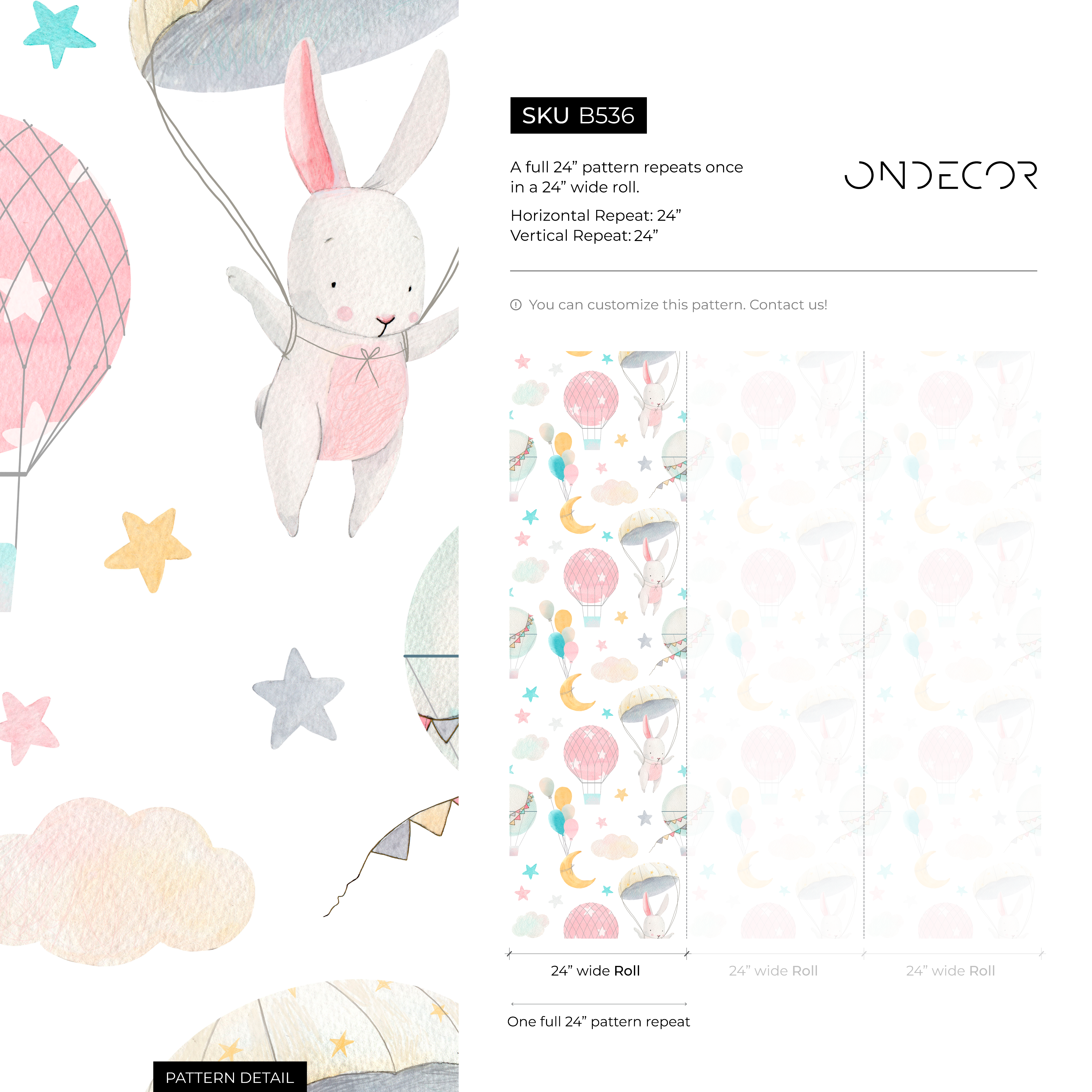 Nursery Wallpaper With Watercolor Bunnies And Balloons In Pink, Blue, And Yellow - B536