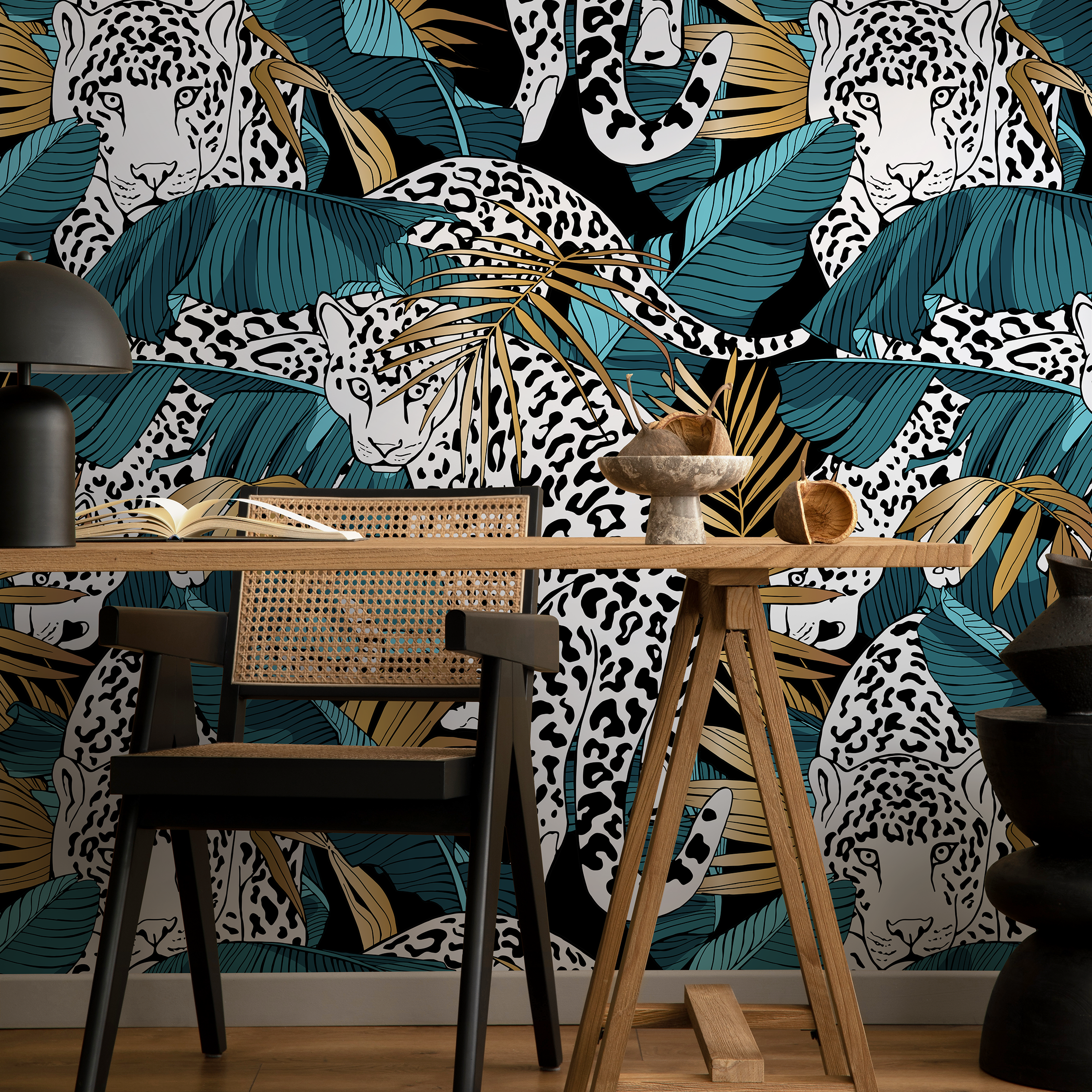 Jungle Wallpaper With A Leopard And Palm Leaves In Teal, Black, And Gold - B537