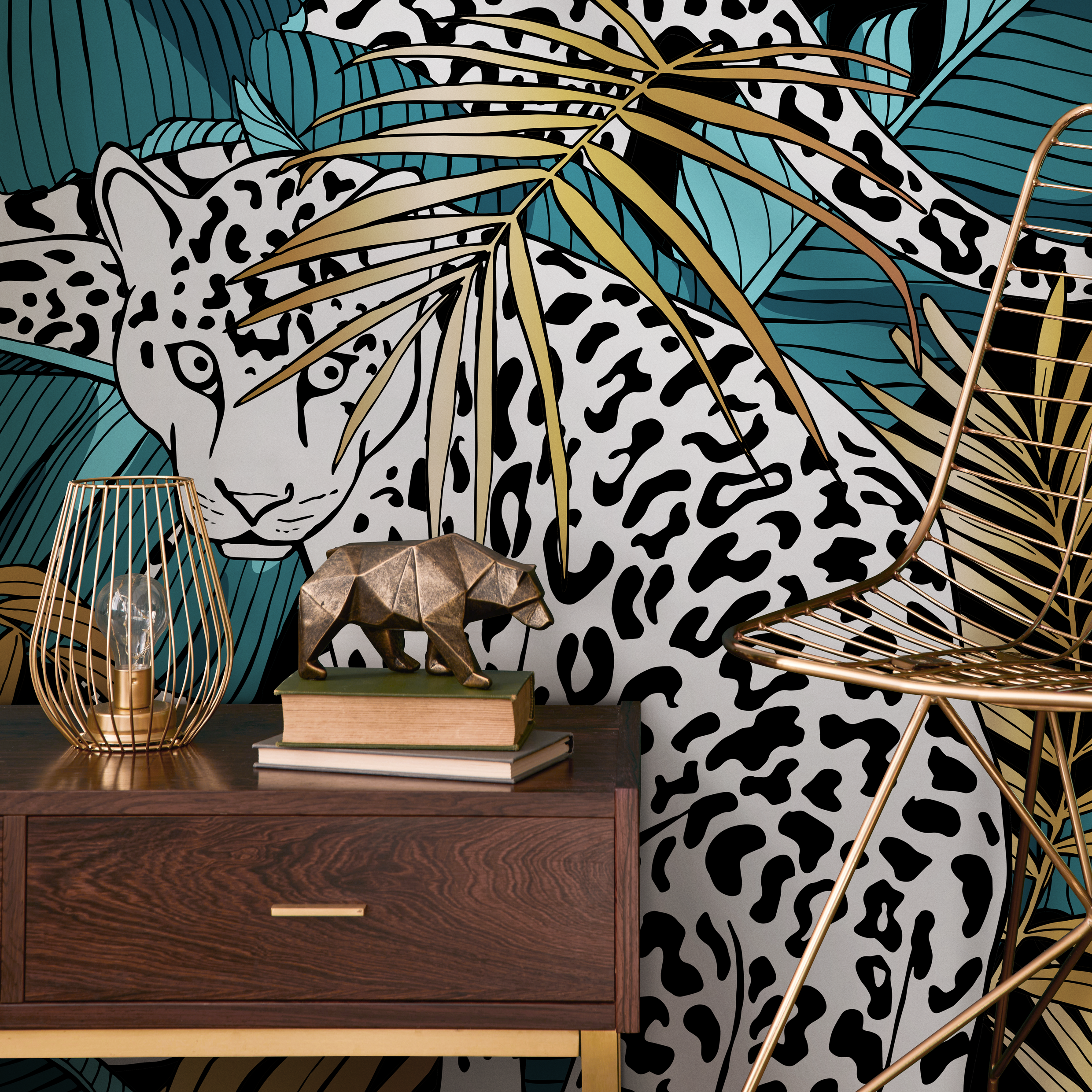 Jungle Wallpaper With A Leopard And Palm Leaves In Teal, Black, And Gold - B537