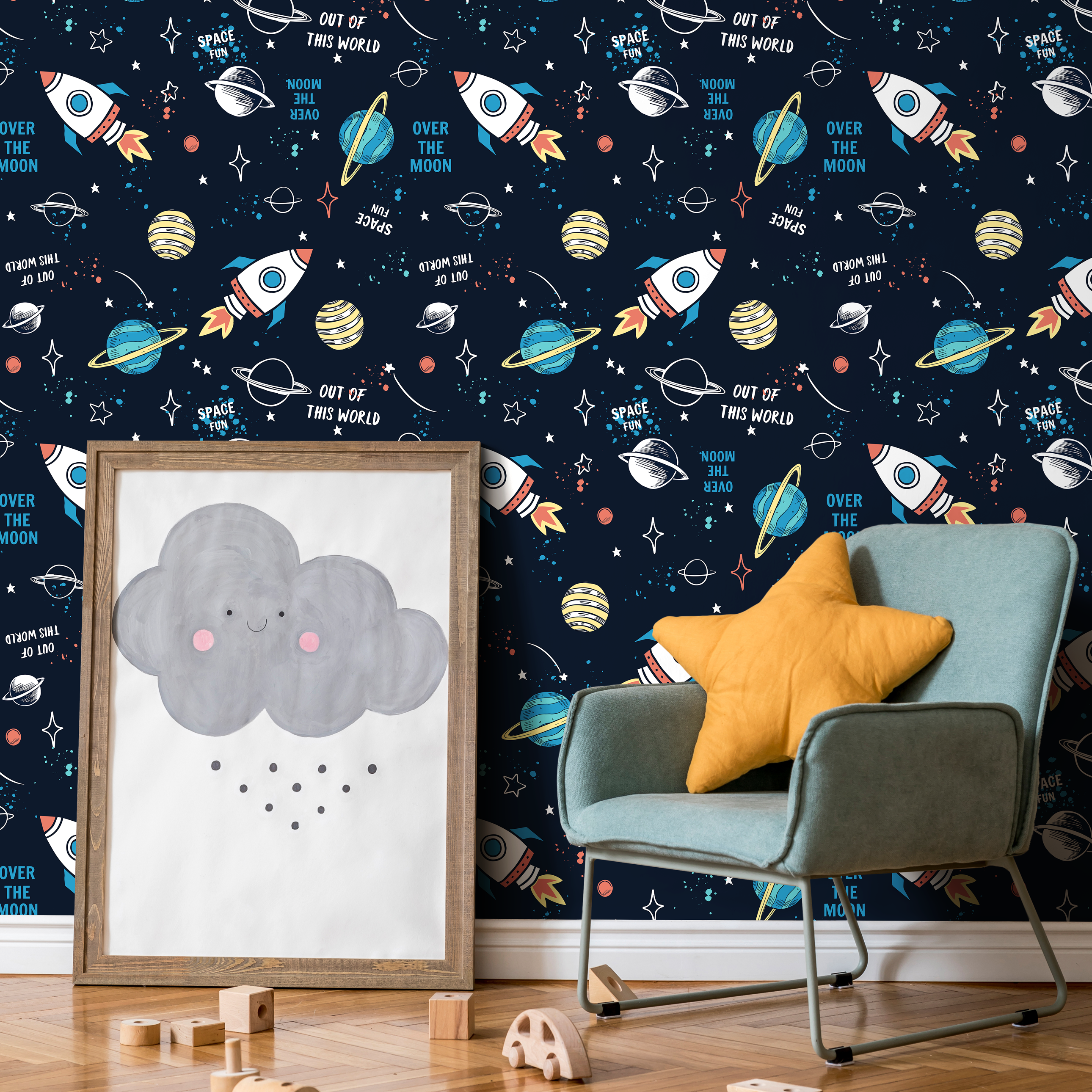 Space Wallpaper With Cartoon Rockets And Planets In Navy Blue, Red, And Yellow - B538