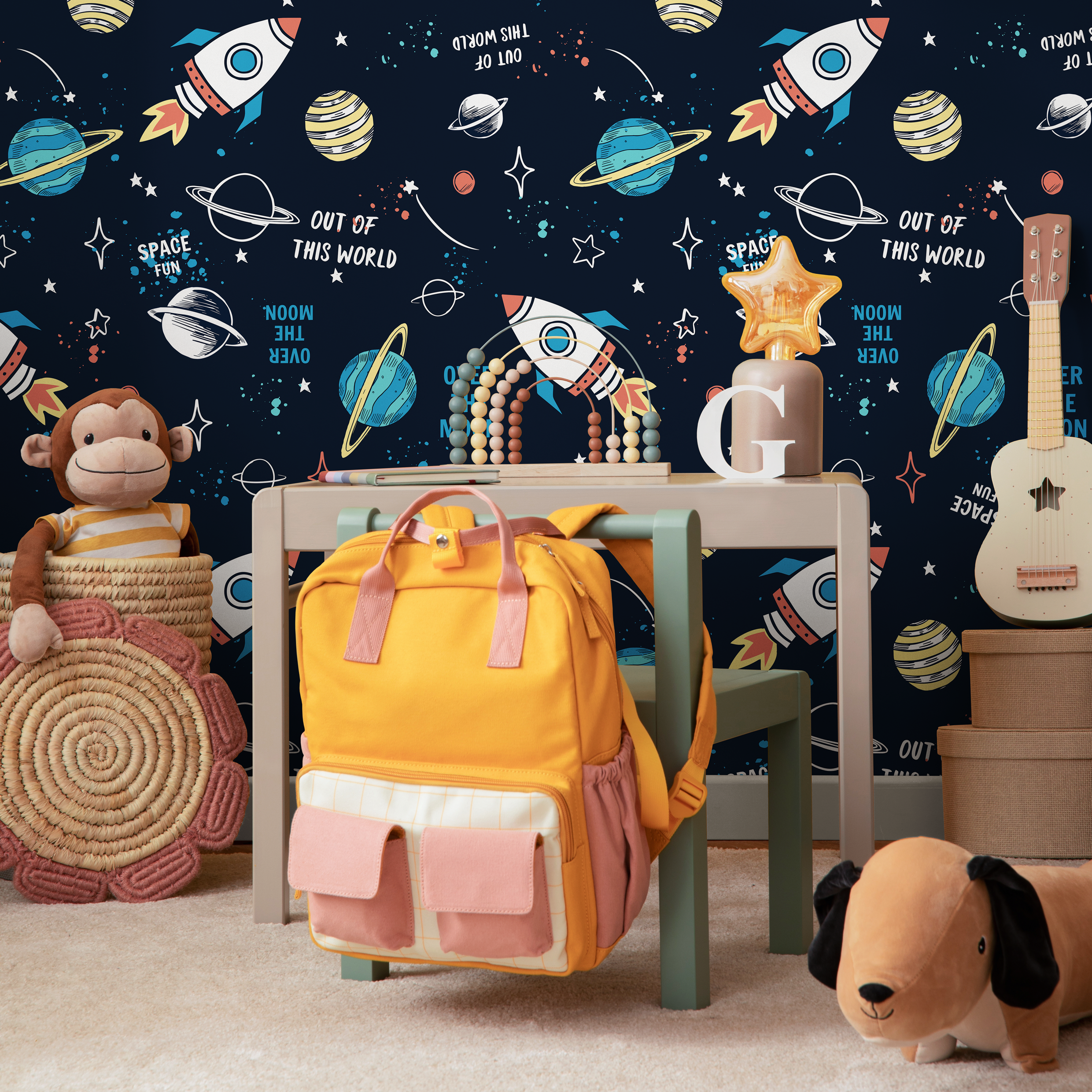 Space Wallpaper With Cartoon Rockets And Planets In Navy Blue, Red, And Yellow - B538