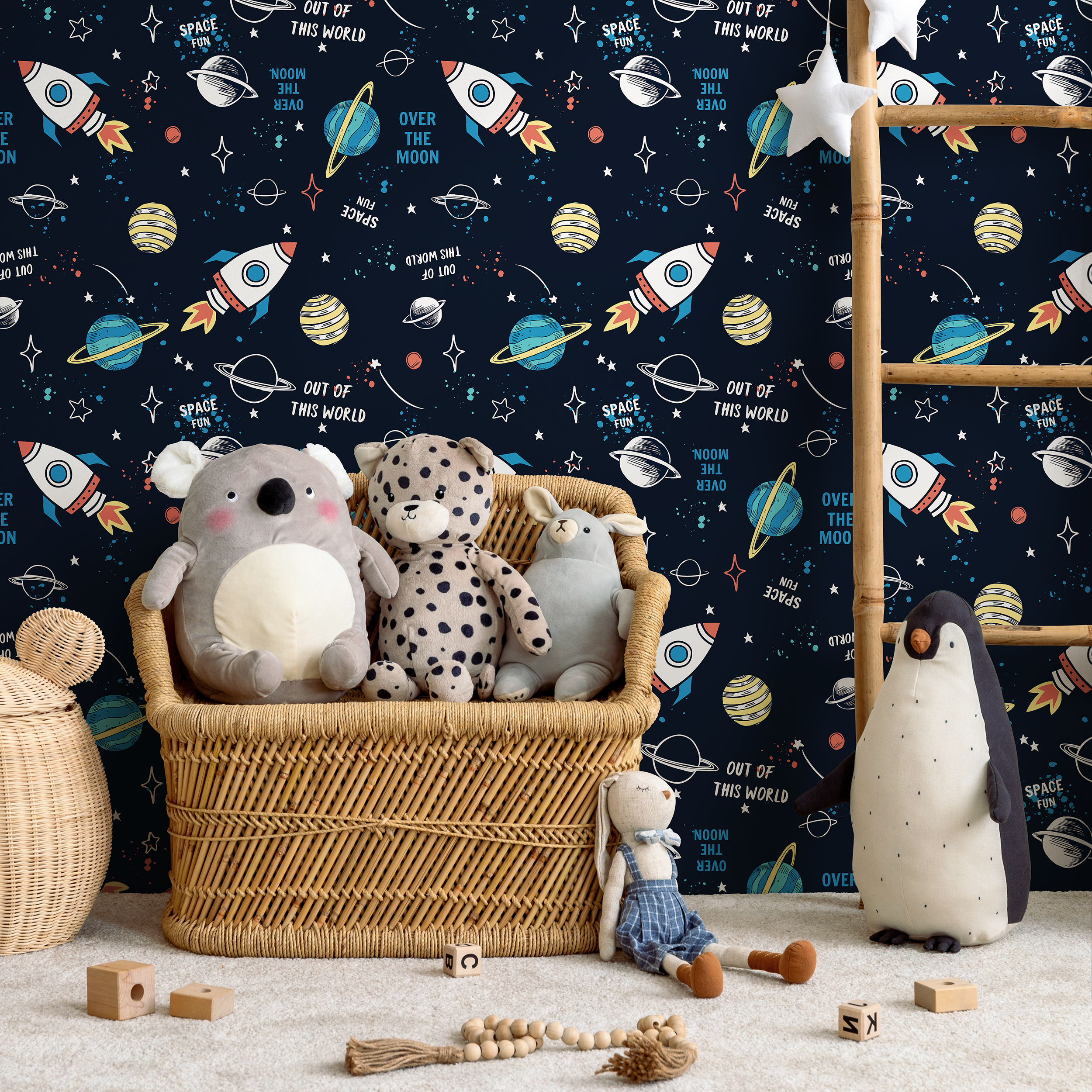 Space Wallpaper With Cartoon Rockets And Planets In Navy Blue, Red, And Yellow - B538