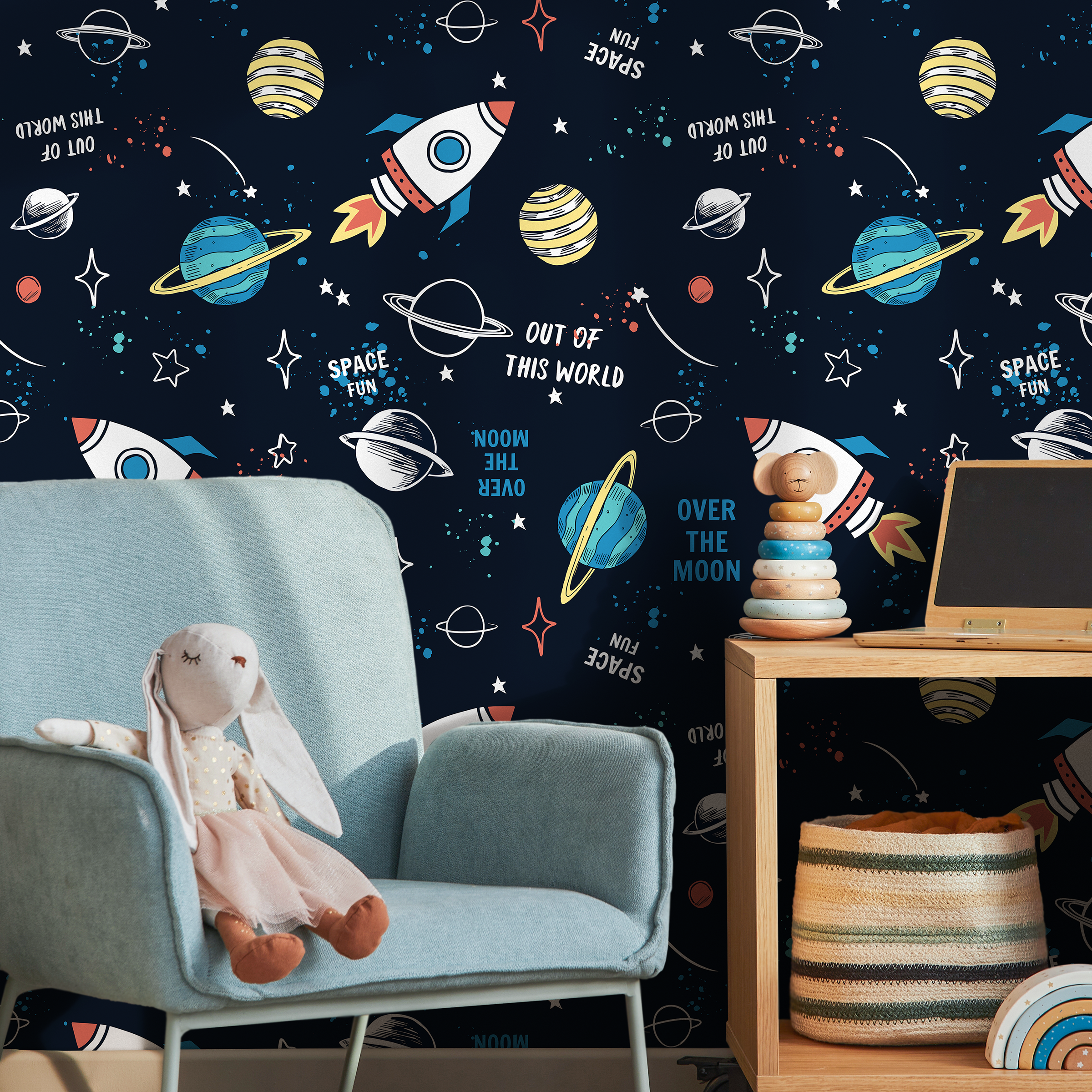 Space Wallpaper With Cartoon Rockets And Planets In Navy Blue, Red, And Yellow - B538