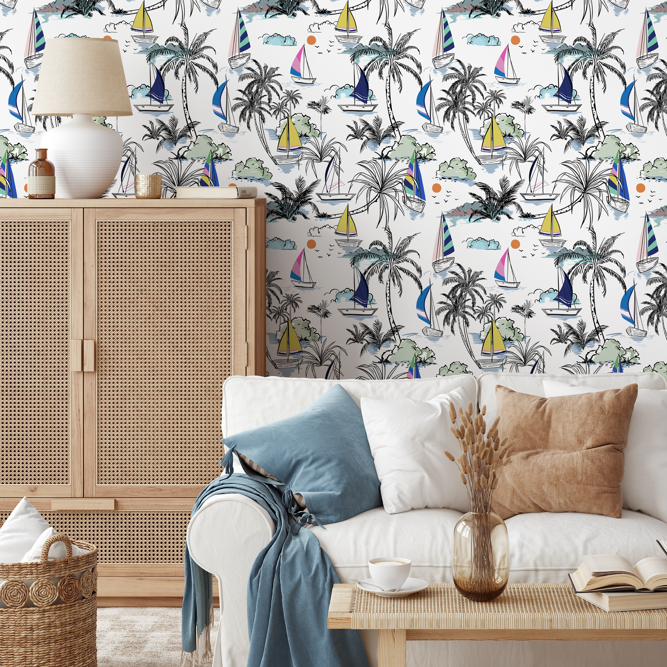Nautical Wallpaper With A Tropical Sailing Scene In Blue, Yellow, And Pink - B540