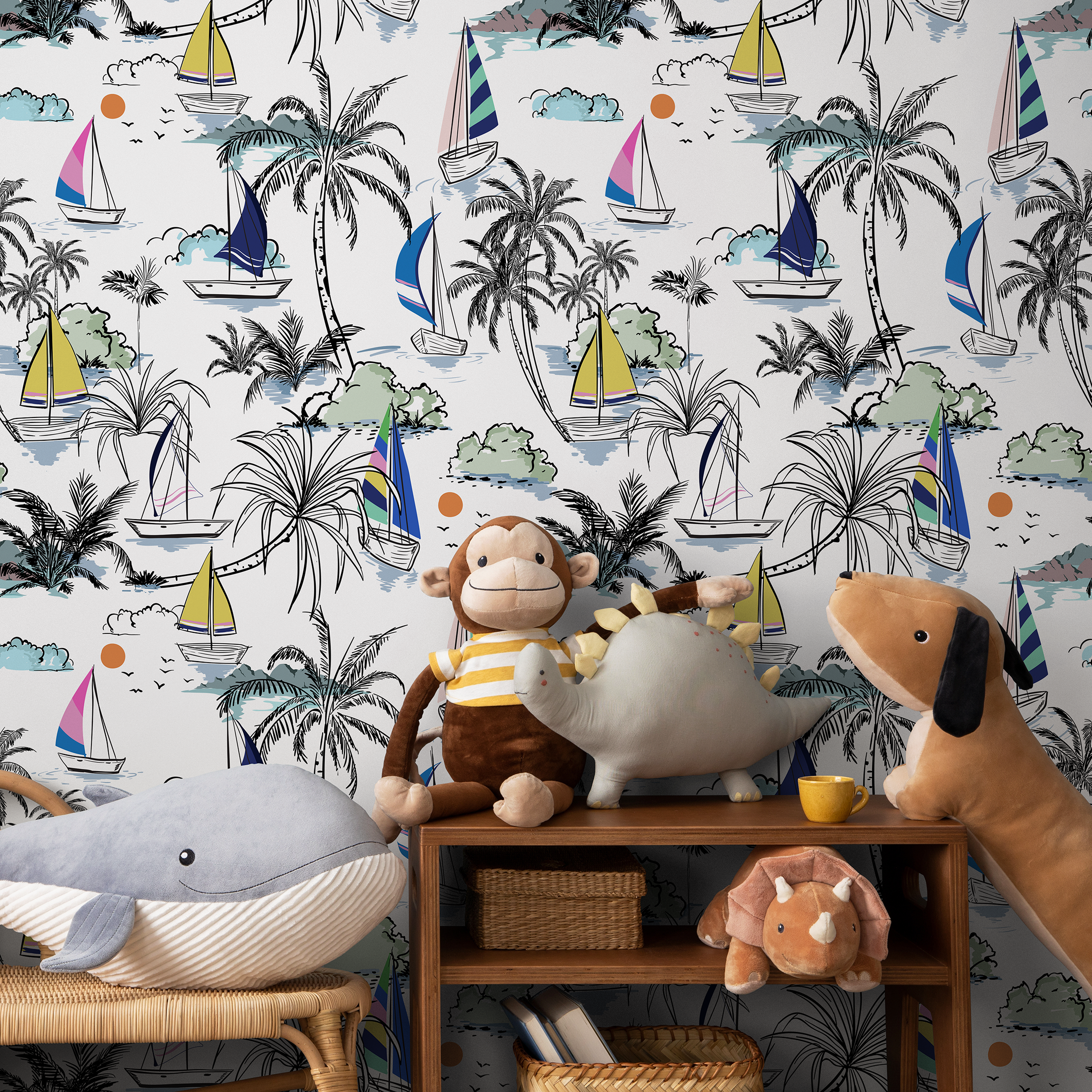 Nautical Wallpaper With A Tropical Sailing Scene In Blue, Yellow, And Pink - B540