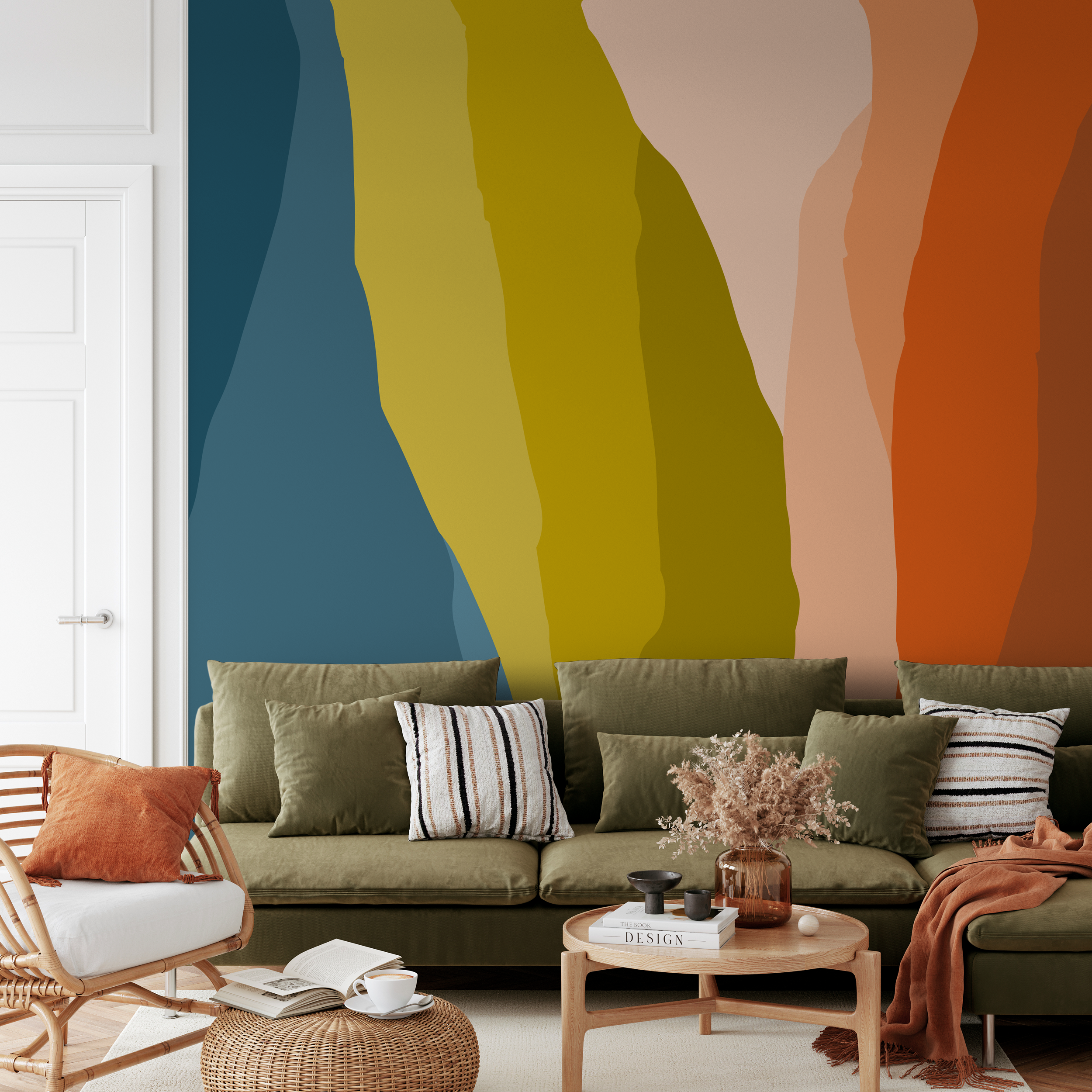 Abstract Wallpaper With Layered Organic Shapes In Teal, Green, And Orange - B541