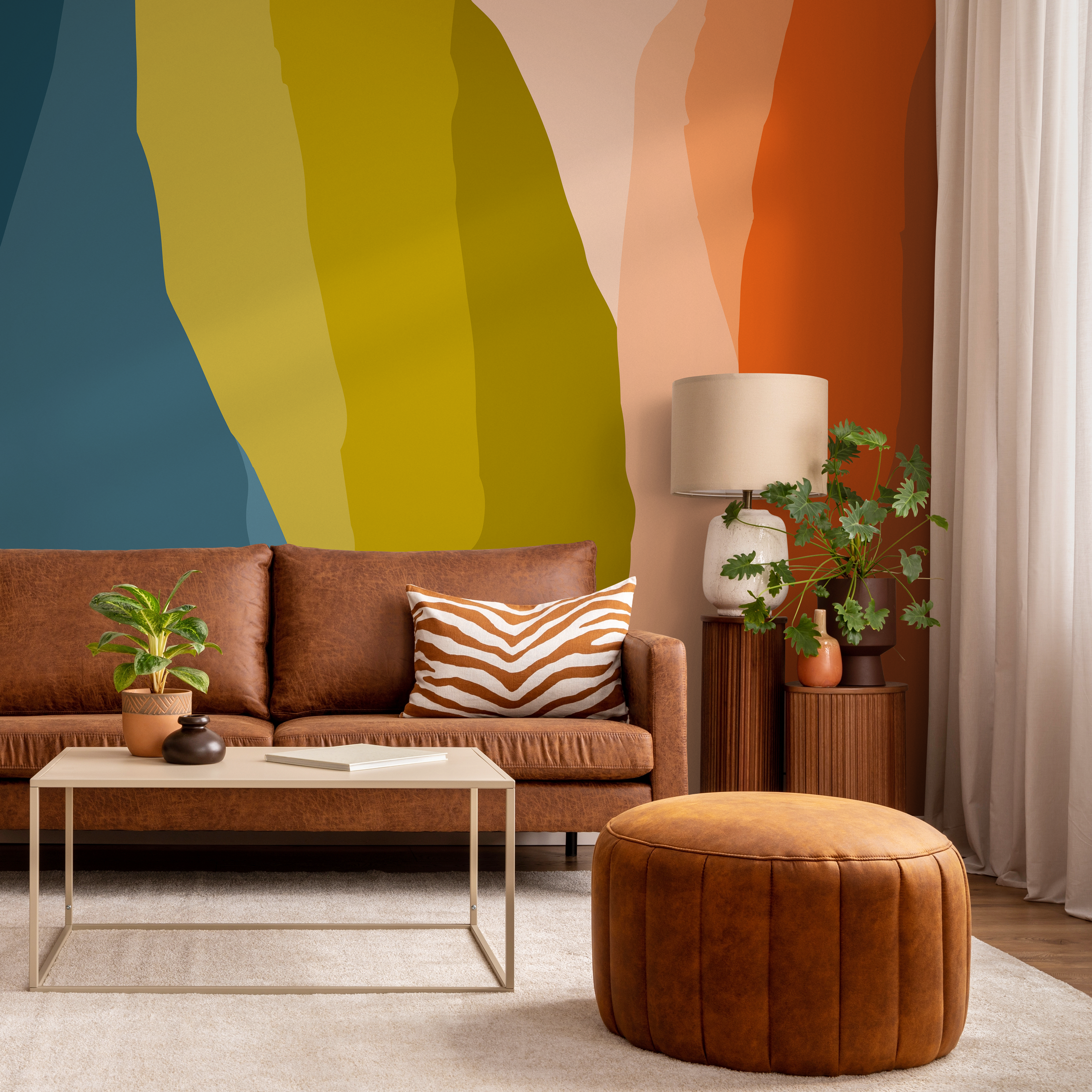 Abstract Wallpaper With Layered Organic Shapes In Teal, Green, And Orange - B541