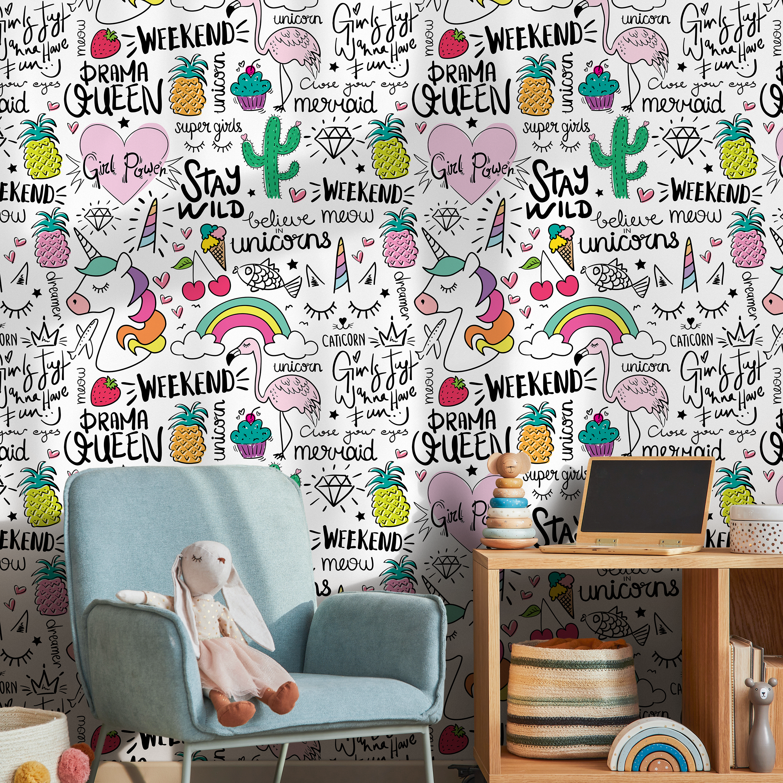 Kids Wallpaper With Unicorn And Rainbow Doodles In Pink, Yellow, And Green - B543