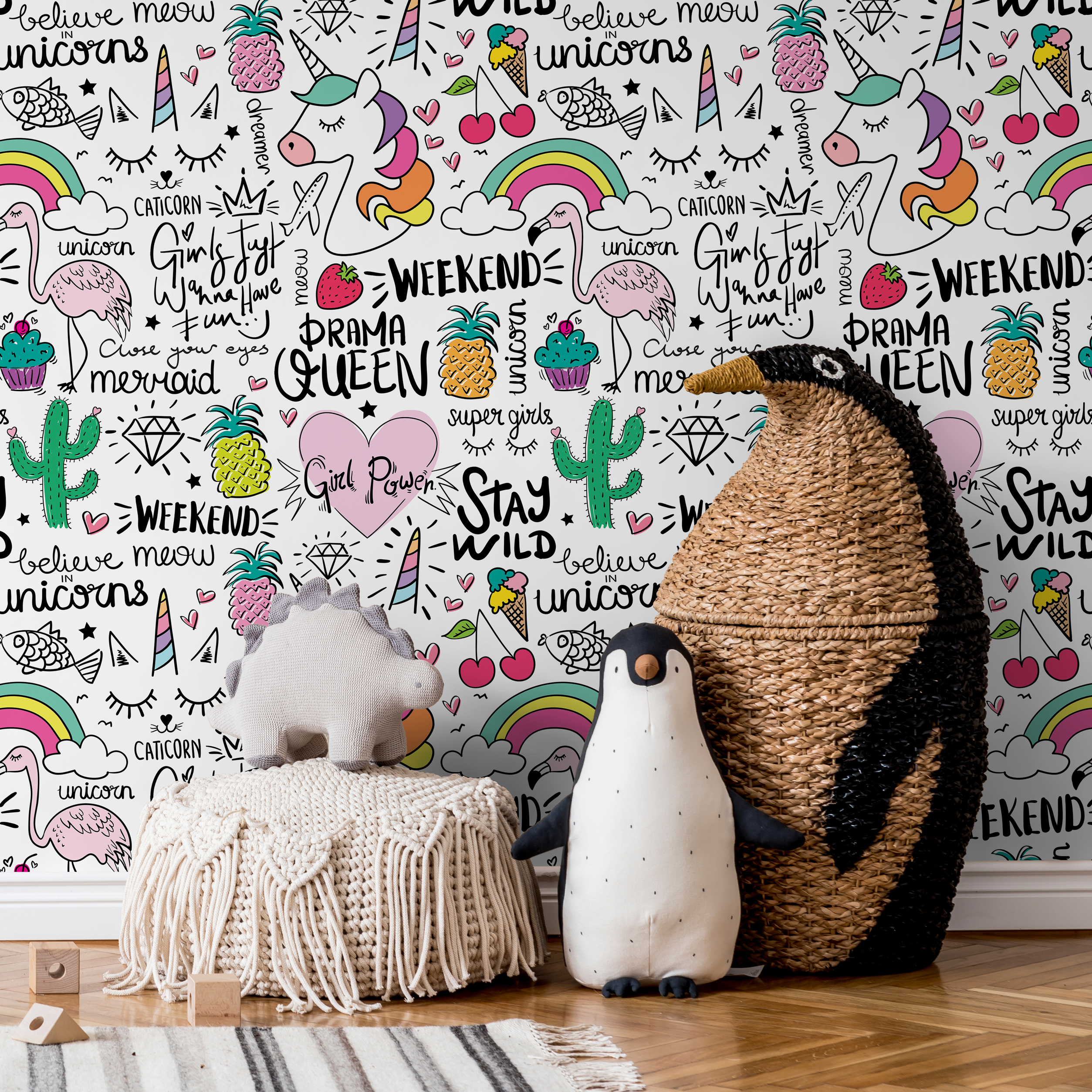 Kids Wallpaper With Unicorn And Rainbow Doodles In Pink, Yellow, And Green - B543