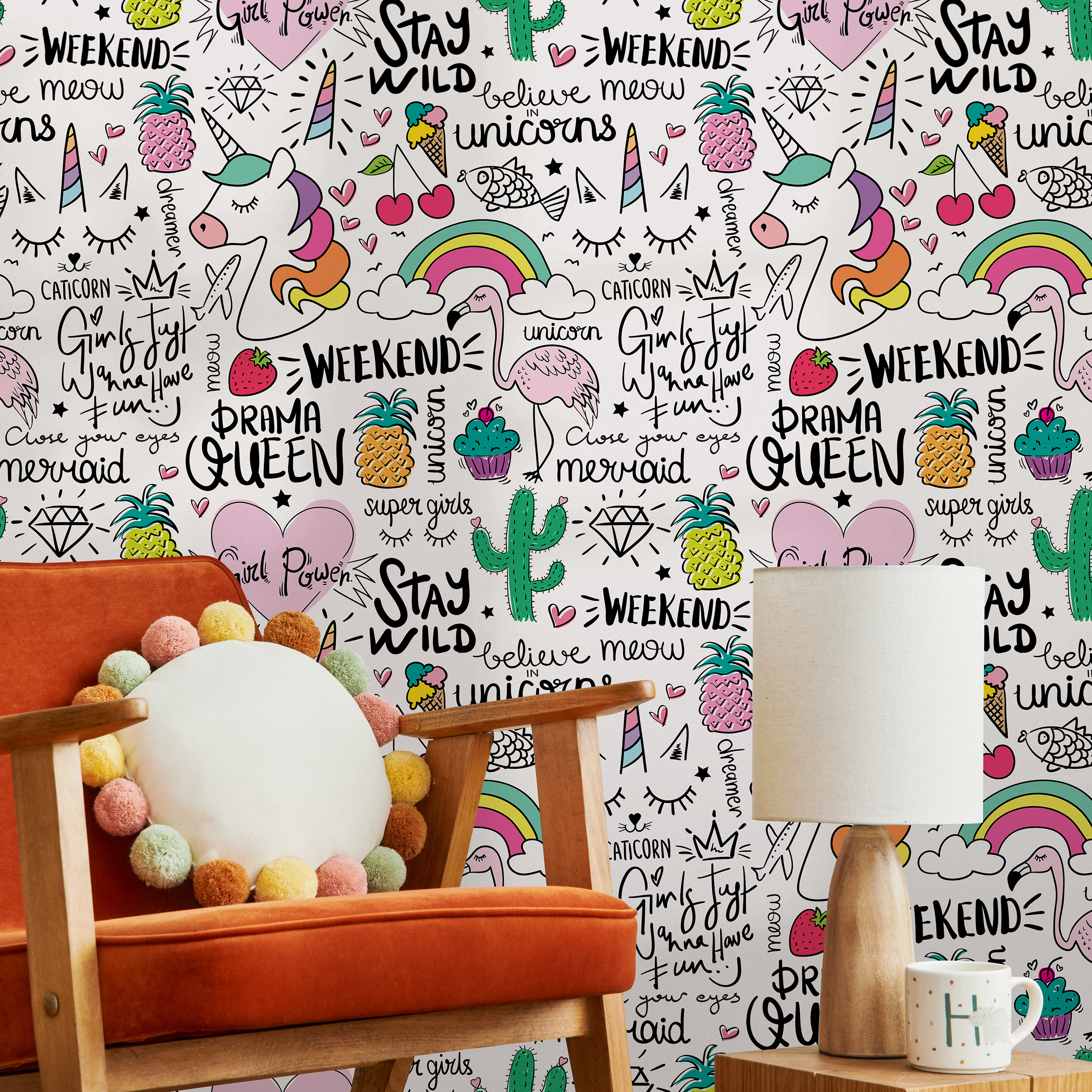 Kids Wallpaper With Unicorn And Rainbow Doodles In Pink, Yellow, And Green - B543