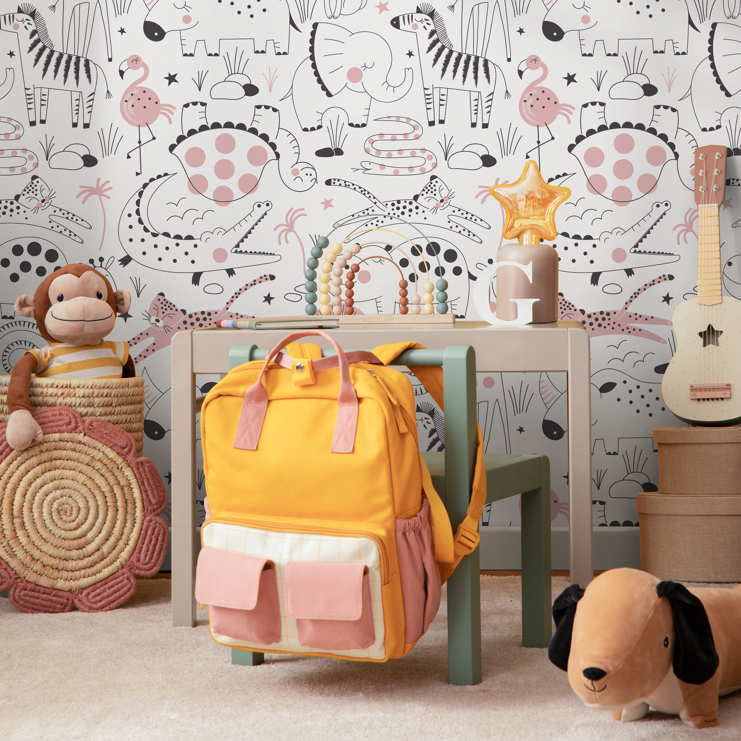 Scandinavian Wallpaper With Cute Safari Animals In Pink And Black - B544