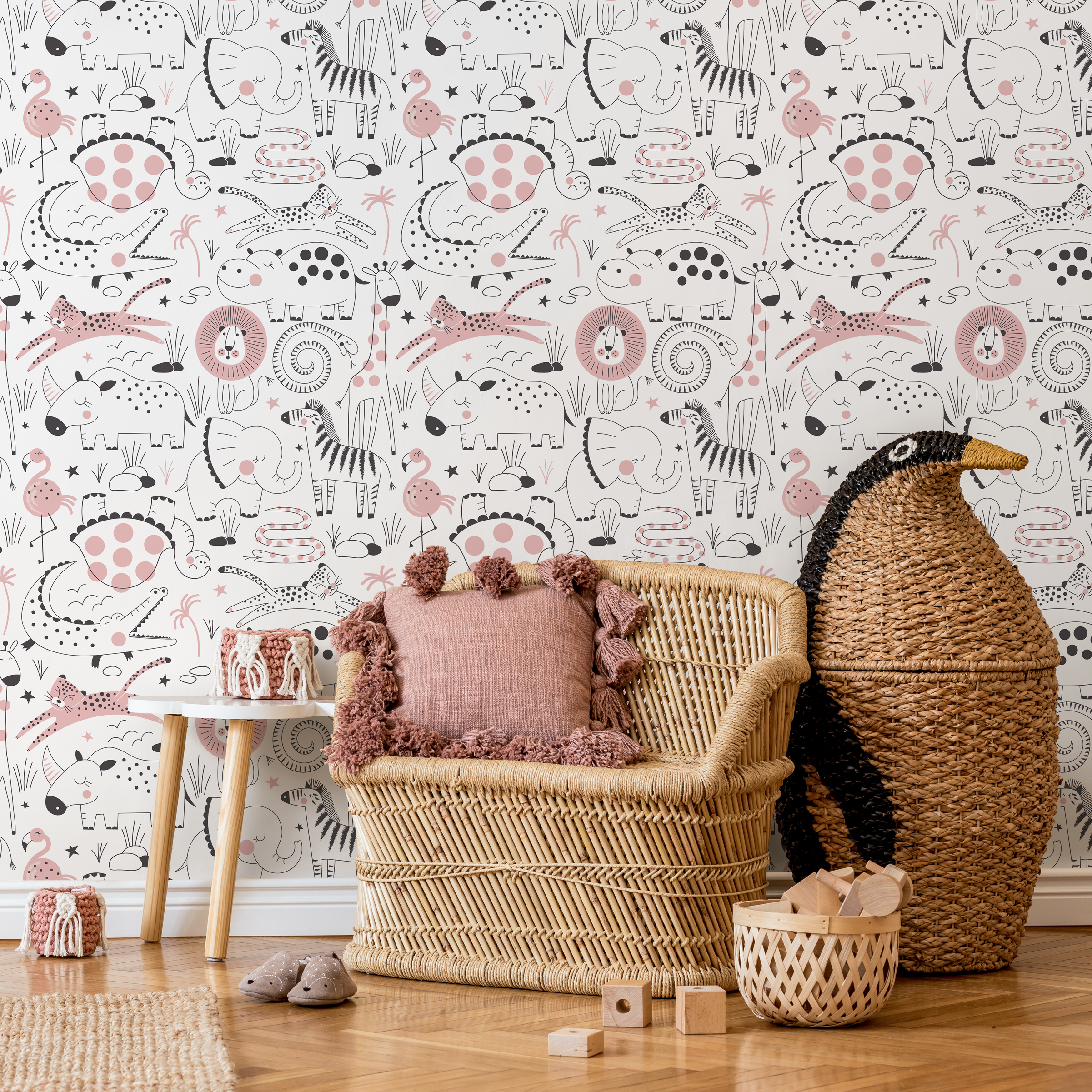 Scandinavian Wallpaper With Cute Safari Animals In Pink And Black - B544