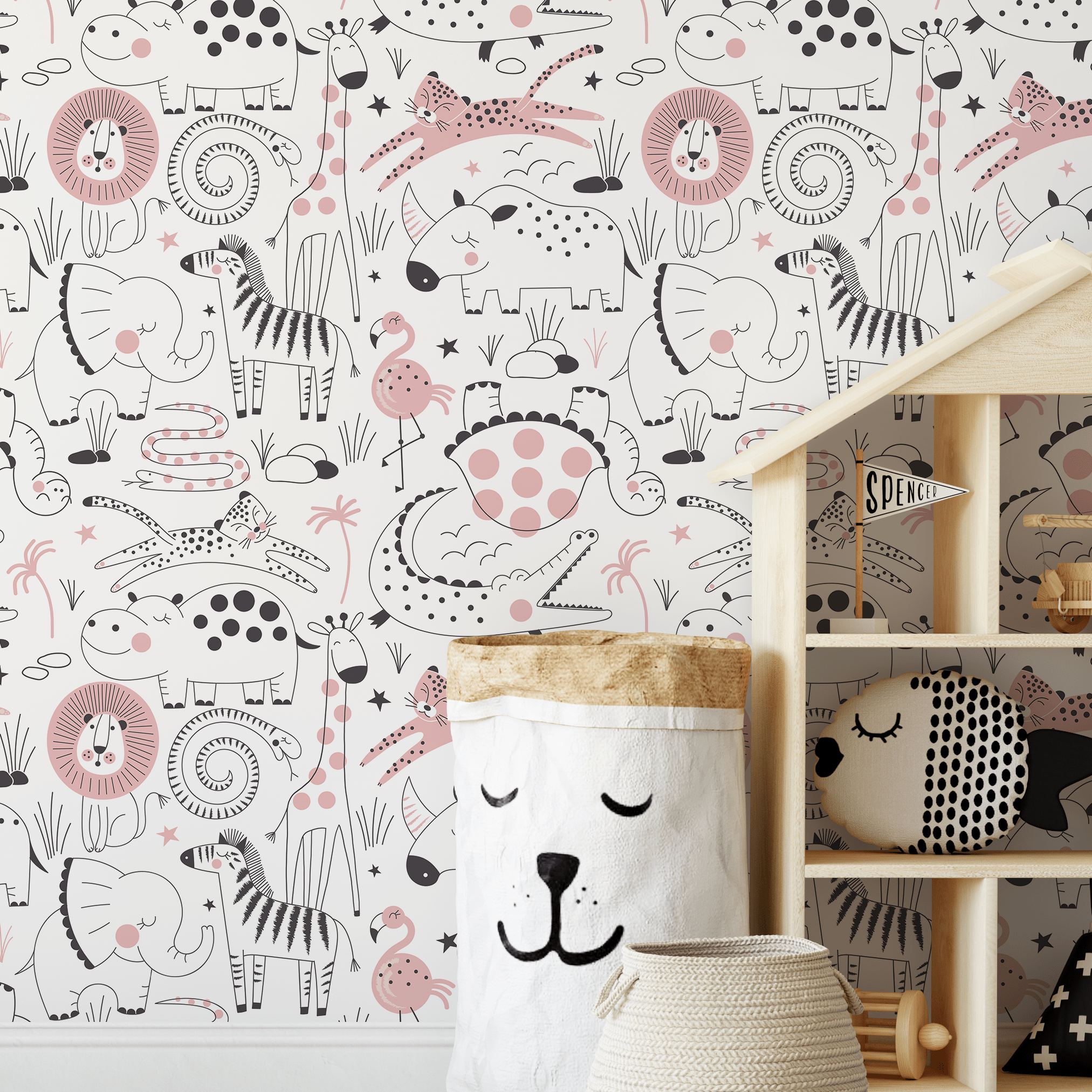 Scandinavian Wallpaper With Cute Safari Animals In Pink And Black - B544